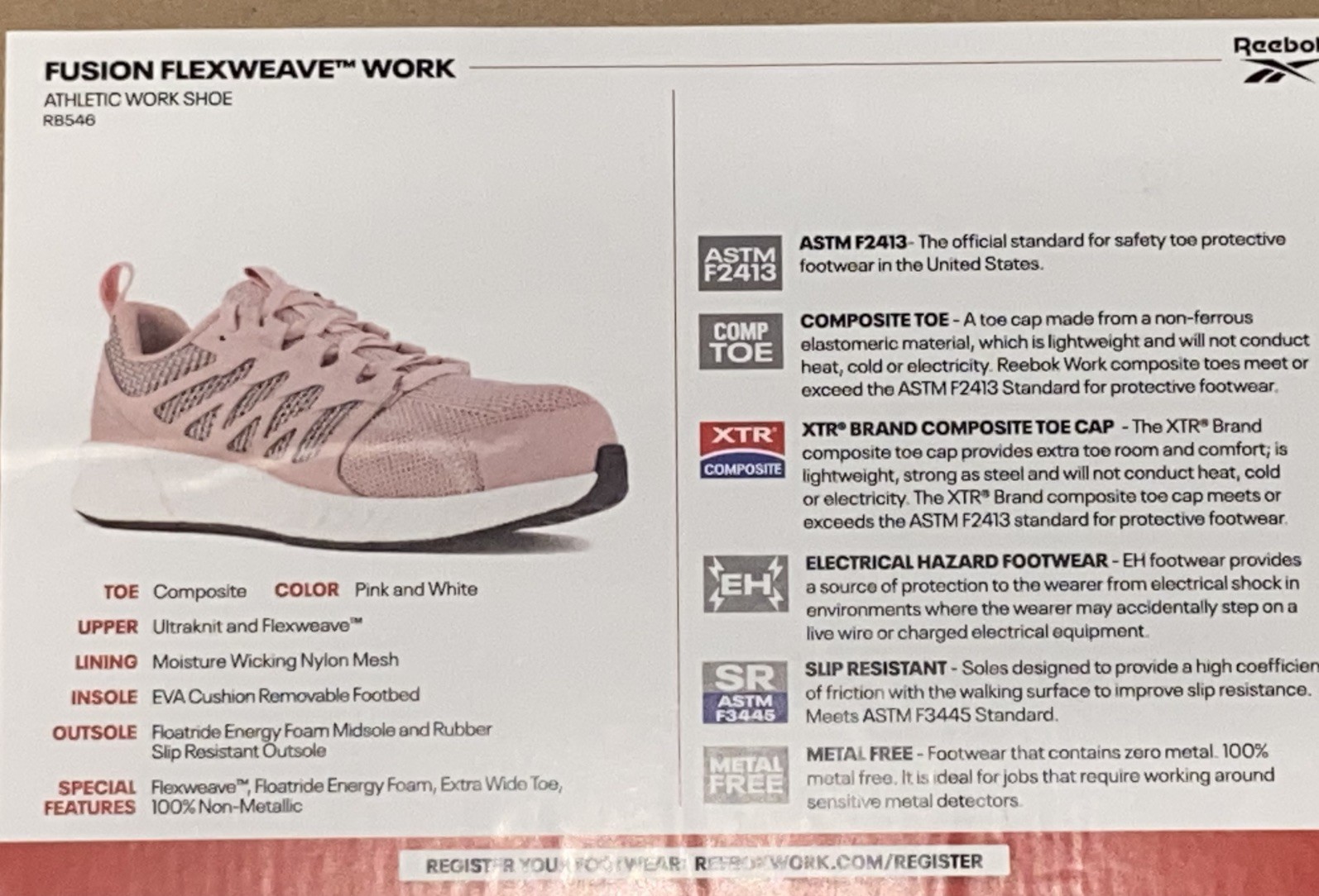ReeboK Fusion Flexweave RB546 Women’s 11M Pink Composite Toe Safety Shoes NIB
