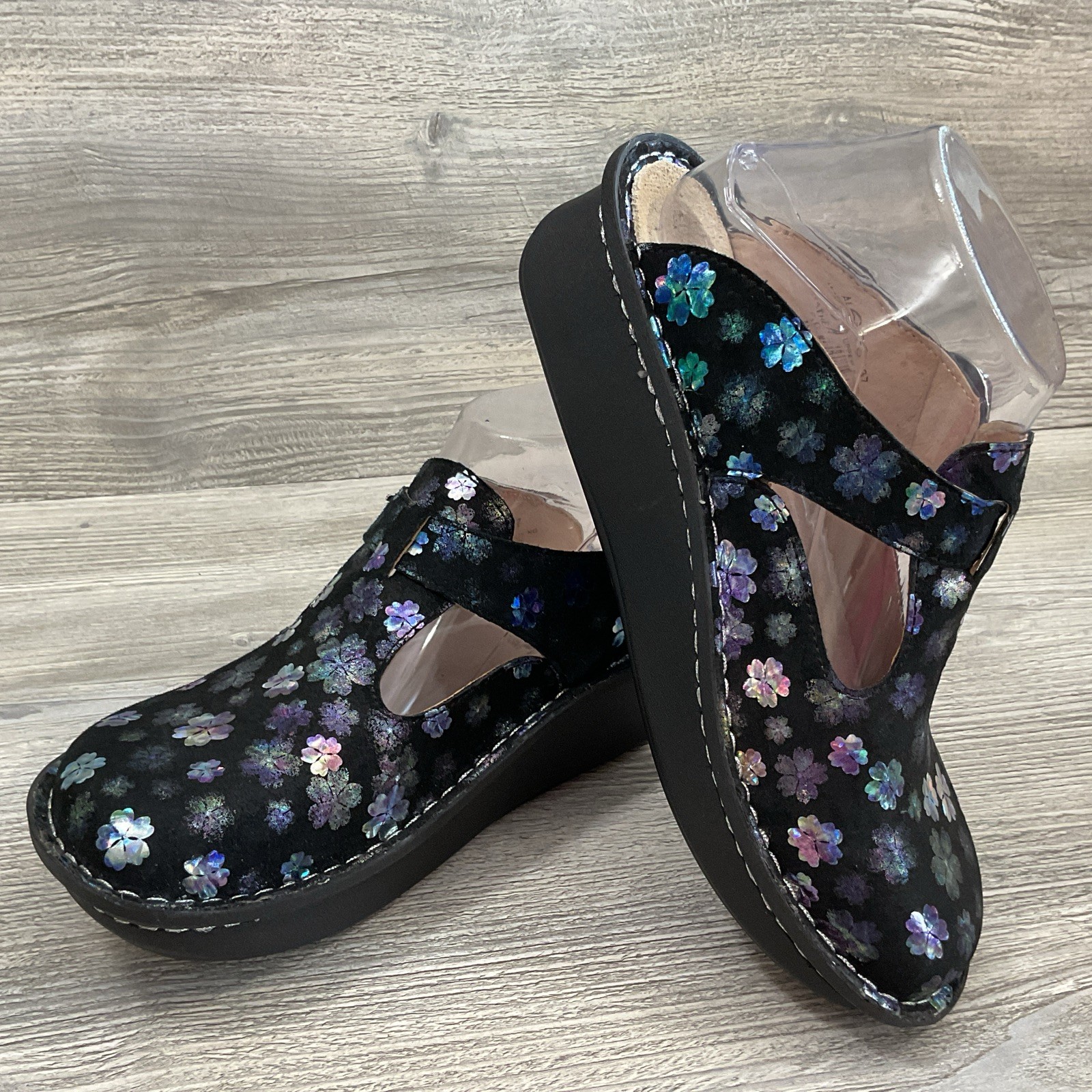 Alegria ALG-555 Mary Jane Clogs Womens US 7-7.5 EU 37 Black Floral Leather NEW