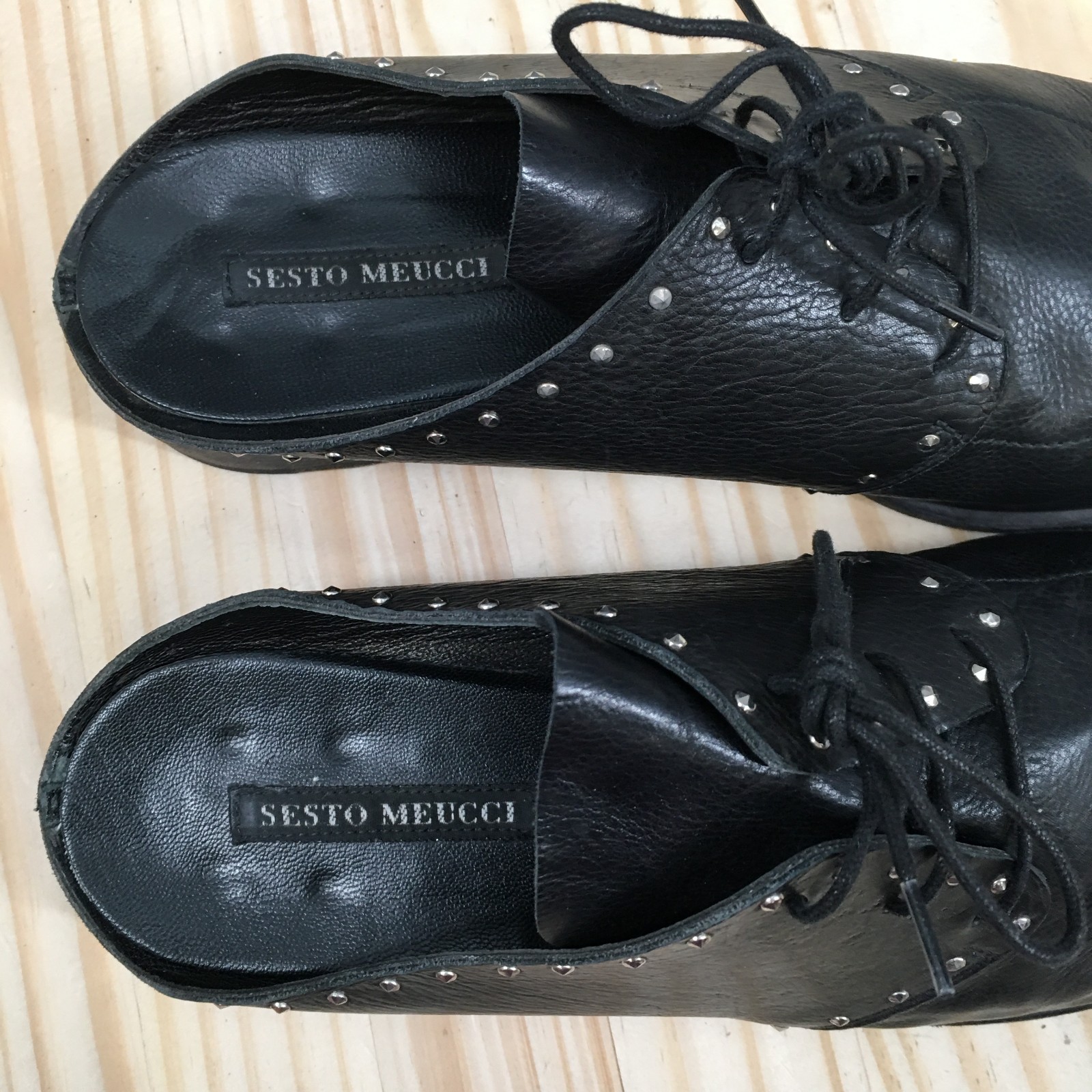 Sesto Meucci Mules Womens 40 Black Almond Toe Laced Up Block Casual Leather