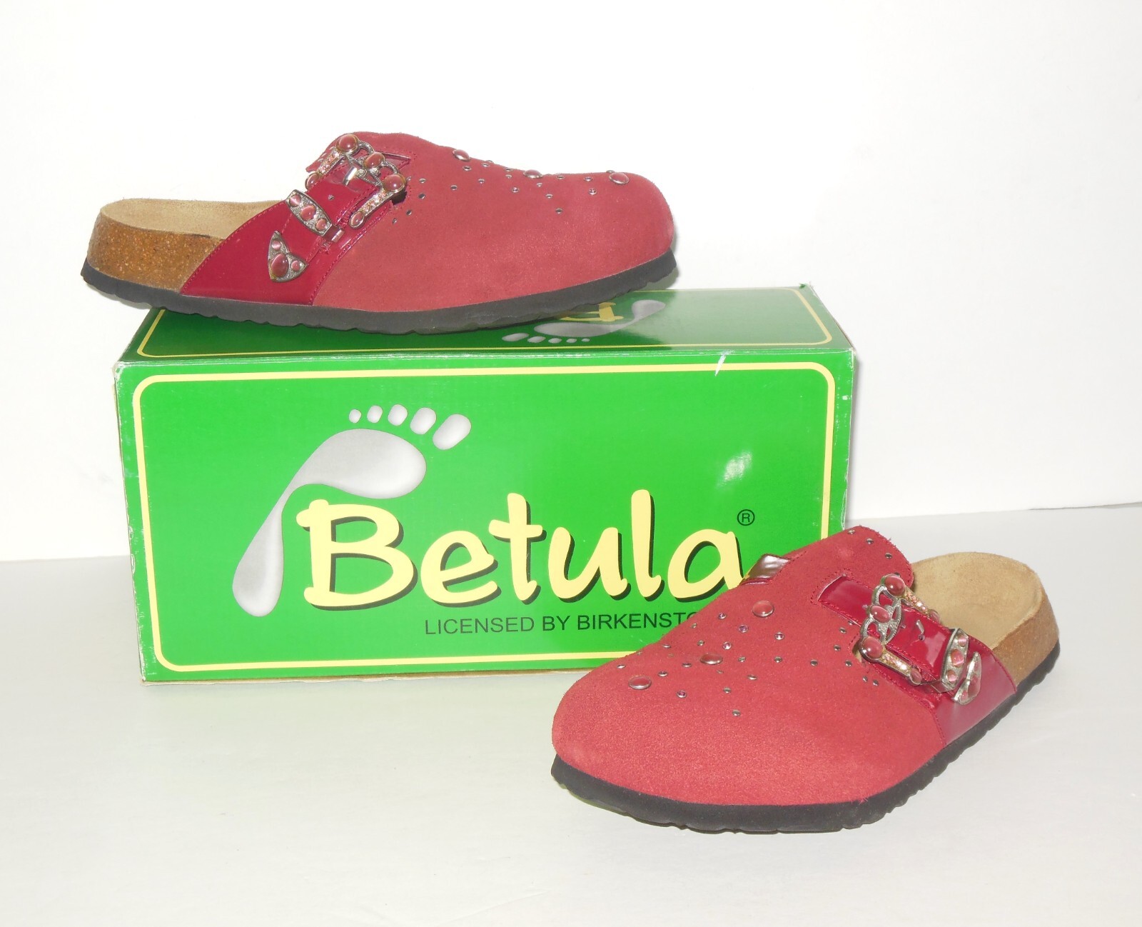 Birkenstock Betula ROCKO Suede Mules sz 40 L 9 M7 Cranberry Studded Clogs w Box