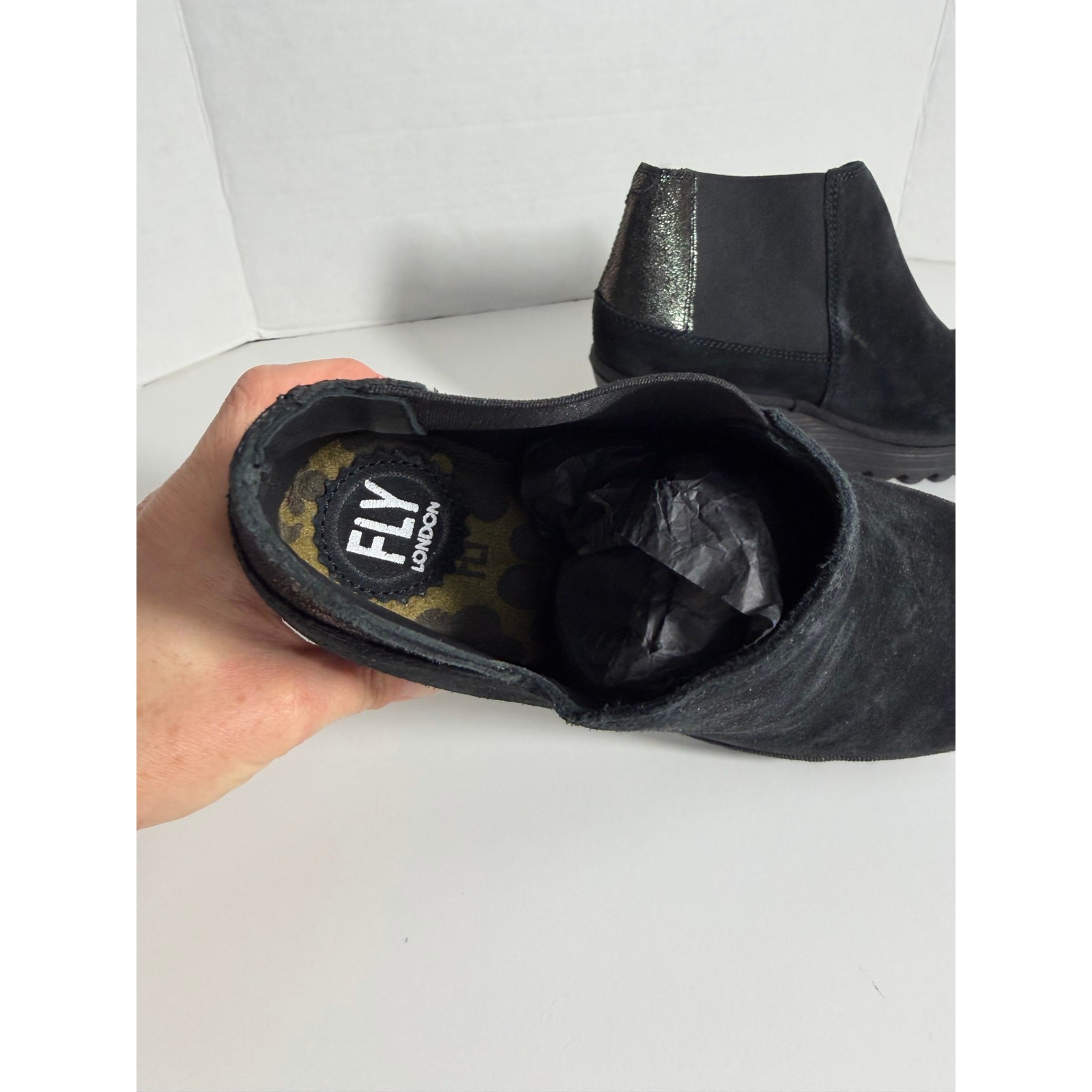 FLY LONDON Black/Pewter Suede Booties Wedge Womens Size 38