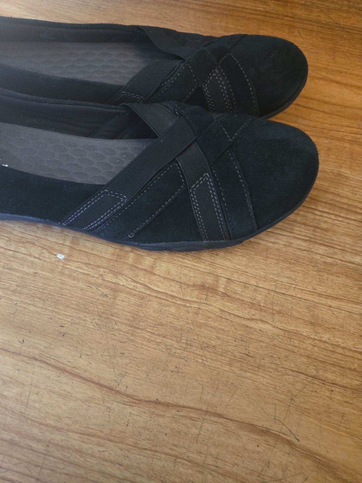 black suede Clarks Haley Jay slip-on comfort flats, crisscross elastic Straps