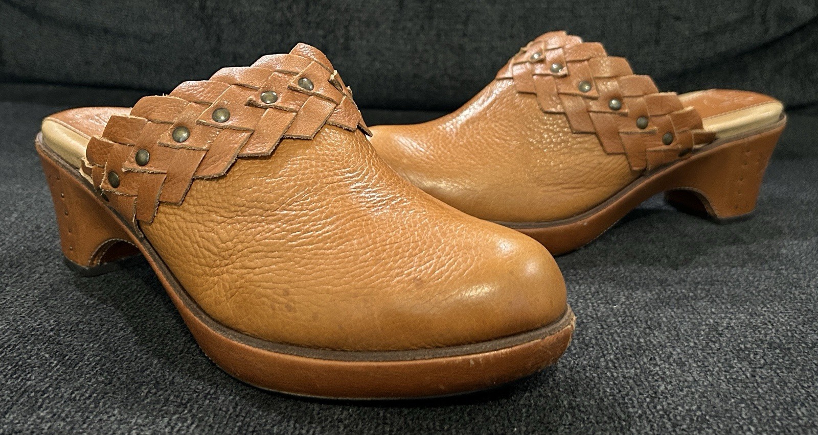 FRYE BOOTS Leather Braided Mule Clogs Studded 9.5M Western Boho Slip On Tan