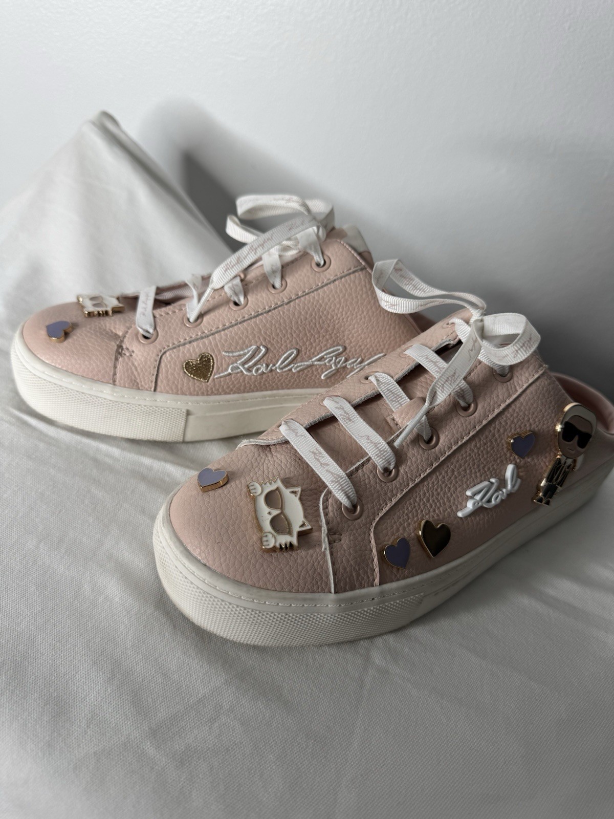 Women Karl LagerfeldCate Pins Charm Lace Up Open heel Sneak Pink Leather Shoe7,5