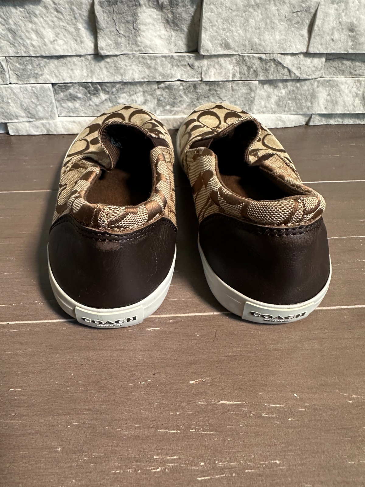 COACH Womens Wells Slip On Women’s Sneakers Logo Jacquard Khaki Saddle Brown