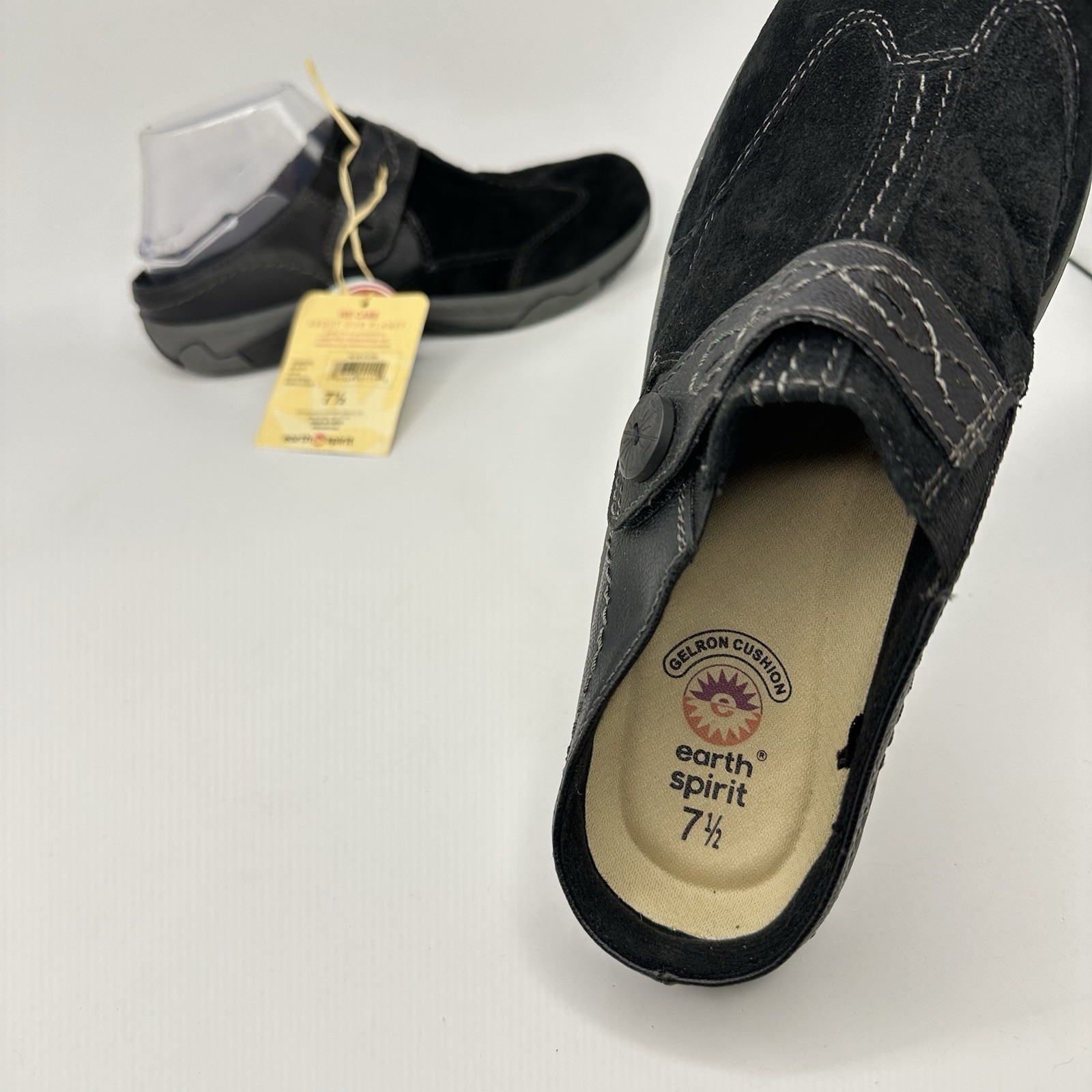 Earth Spirit Clog Women 7.5 Black Suede Strap Clog Gelron Slip On Mule