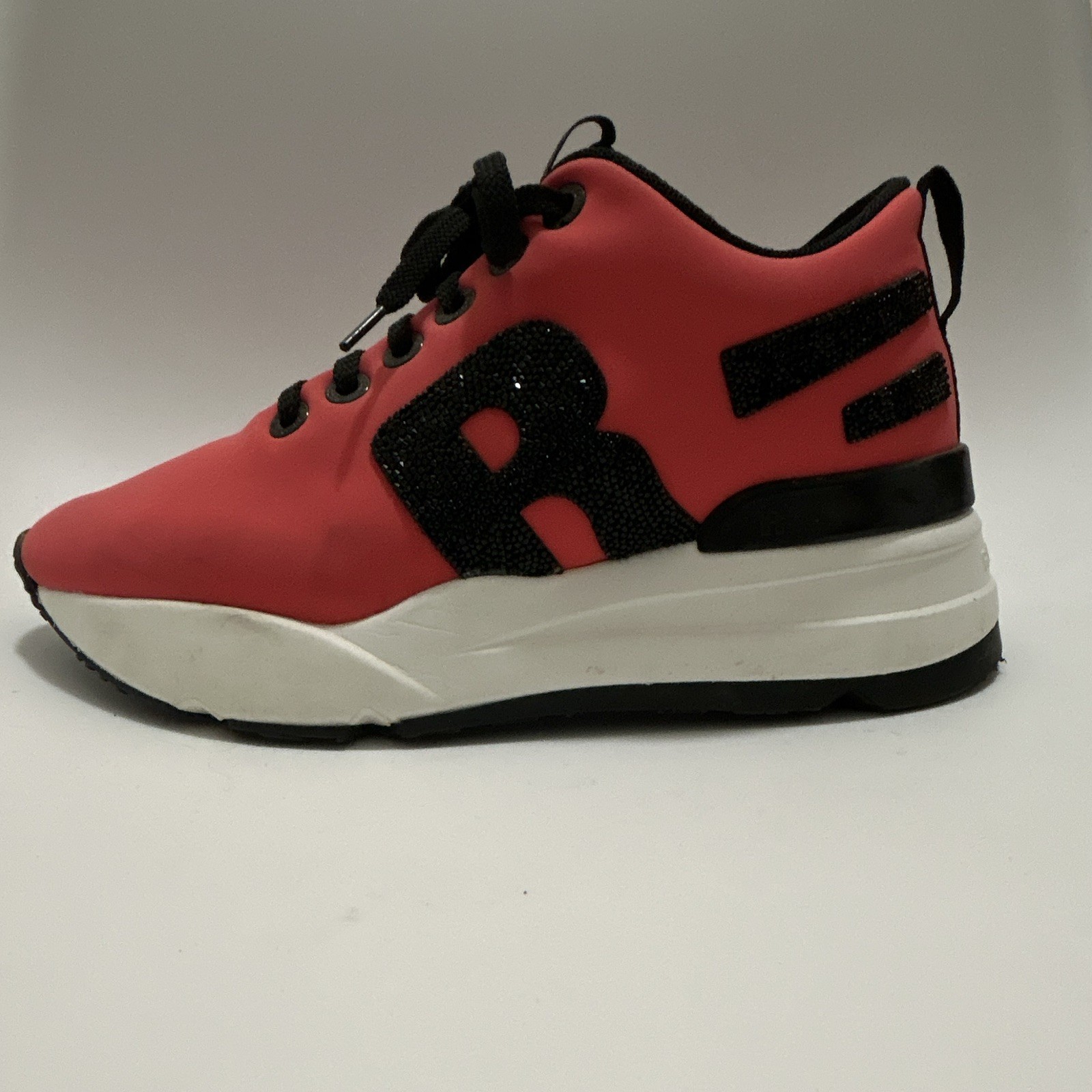 Rucoline Coral Pink Neoprene Platform Sneakers Rhinestone Logo Black Trim EU 38