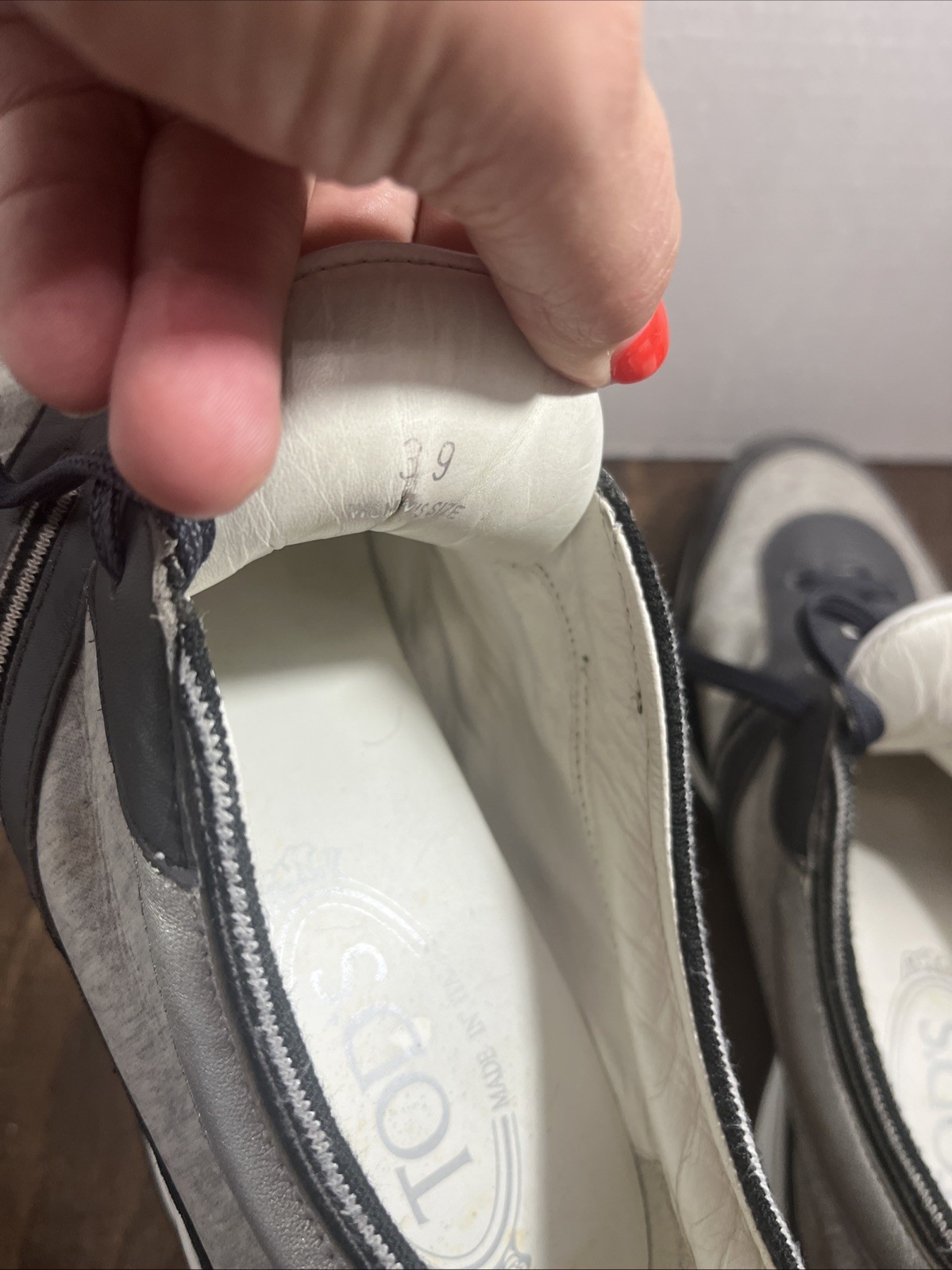Tods Women’s Blue Gray Leather Fabric Almond Toe Wedge Sneakers Sz 8 US / 39 EU