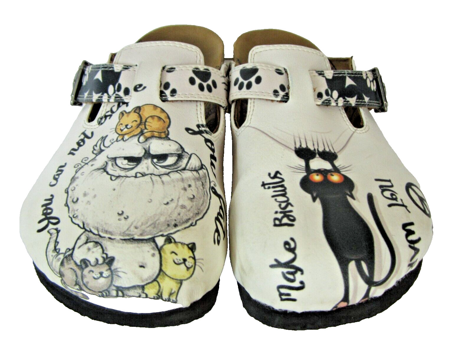 Calceo Clogs Cats 6.5 Black Paw and Cute Naughty Animals Patterned Mule Buckle