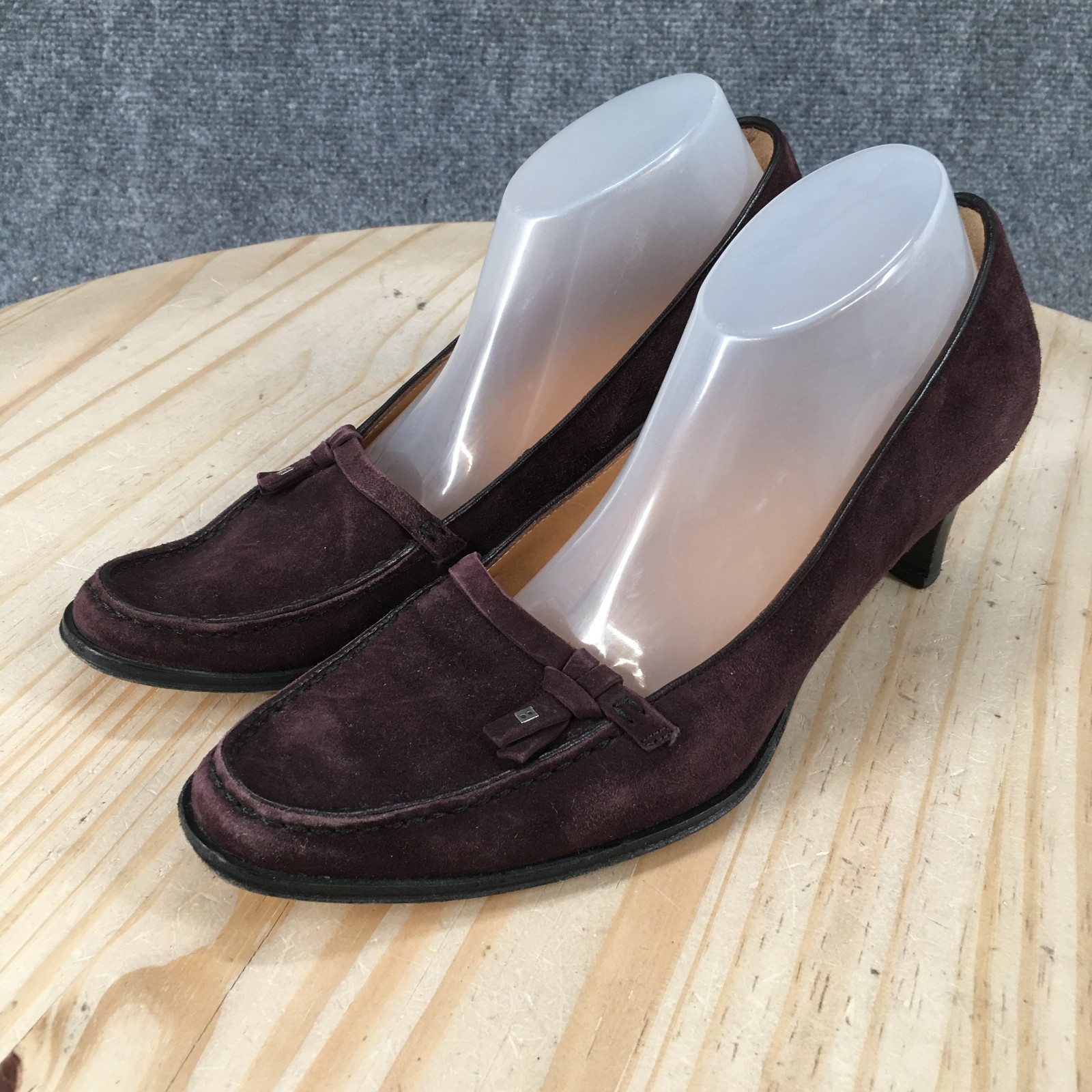 Bally Shoes Womens 5.5 Slip On Moc Toe Kitten Heel Pumps Burgundy Suede Leather