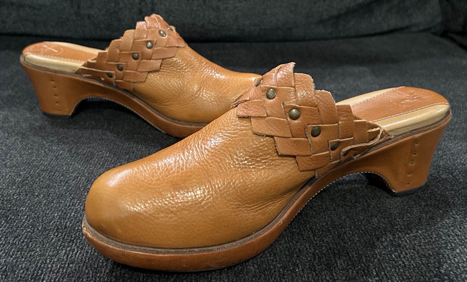 FRYE BOOTS Leather Braided Mule Clogs Studded 9.5M Western Boho Slip On Tan