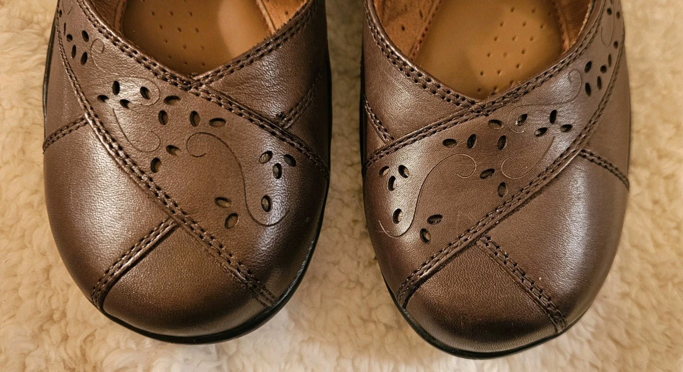 Cobb Hill Petra Mary Jane Leather Loafers Brown Laser-cut Wedge Shoes Womens 8 N