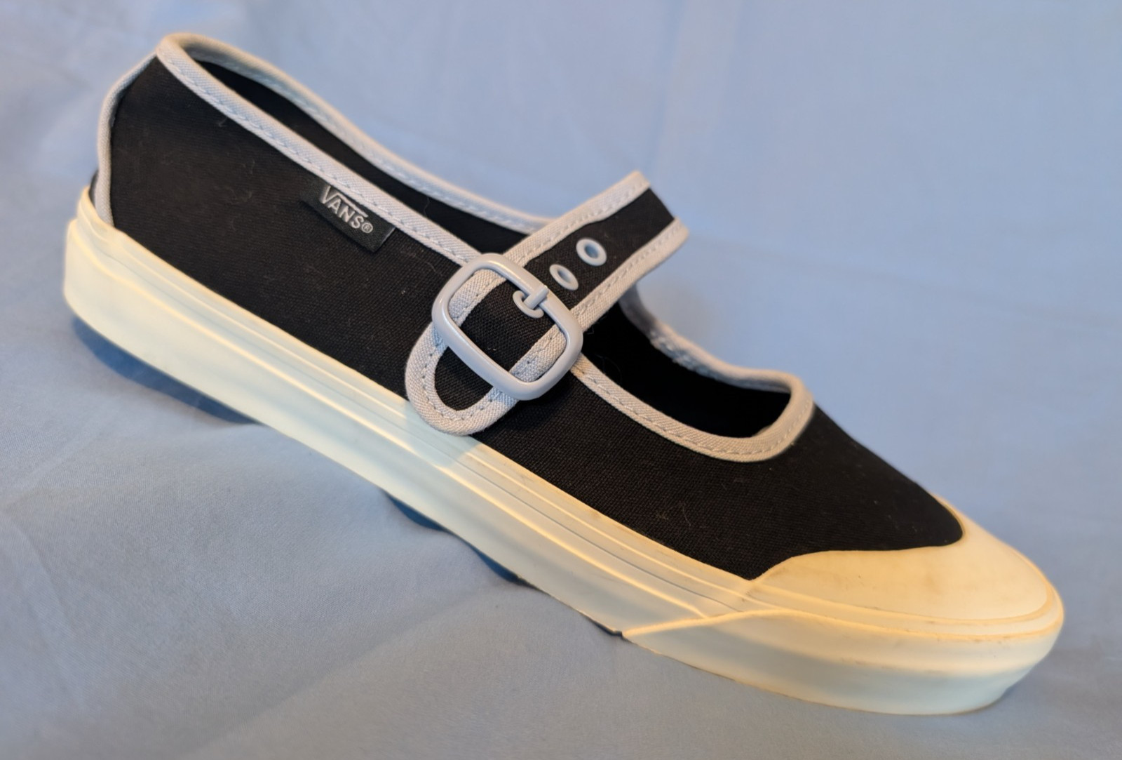 Vans Mary Jane Black Shoe Sneaker Strap Buckle M 8.5 Off Wall Logo W 10 Balerina