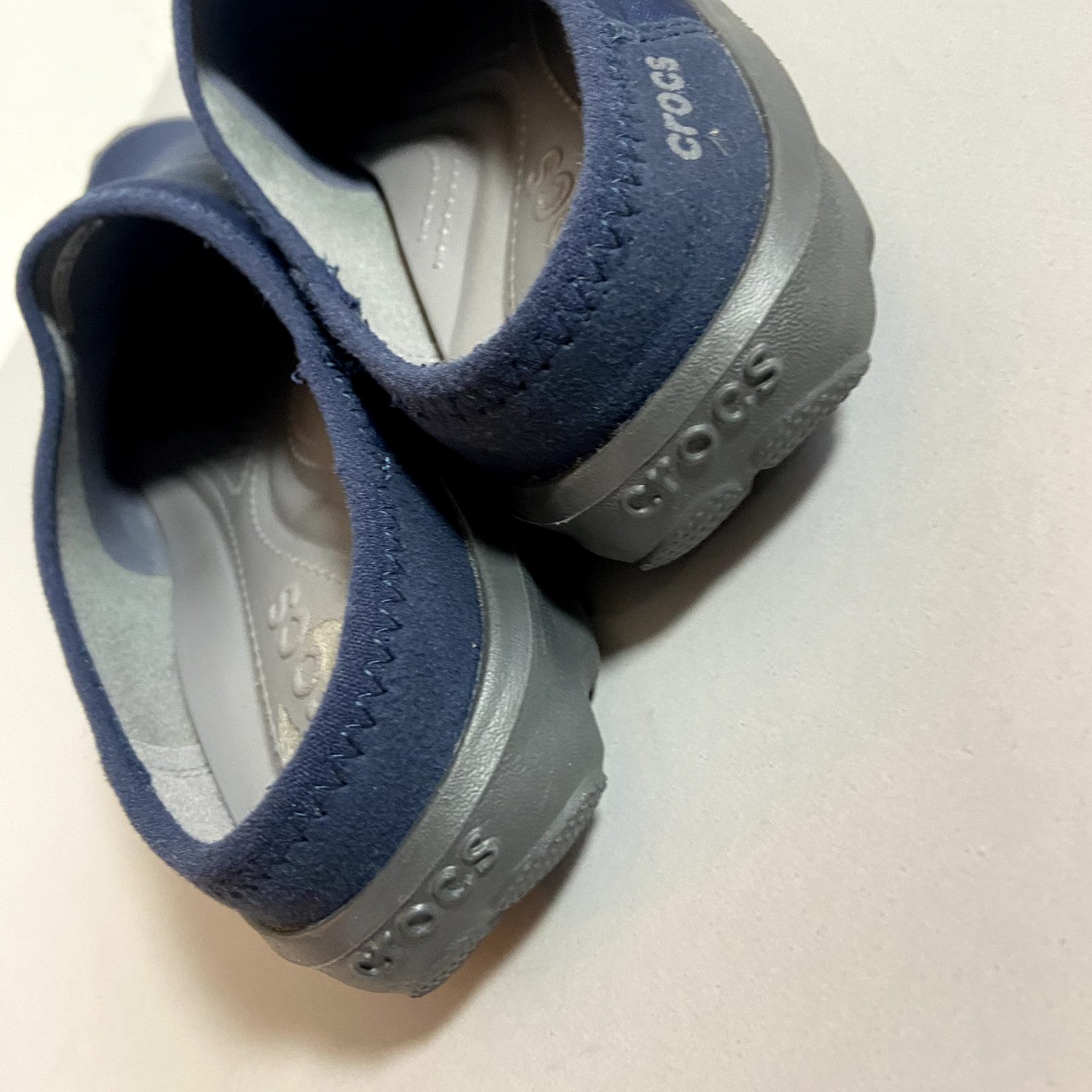 Crocs Womens Slip On Mules Cloth Sz 6 Blue Clogs Fabric Duet Busy Day No Backs