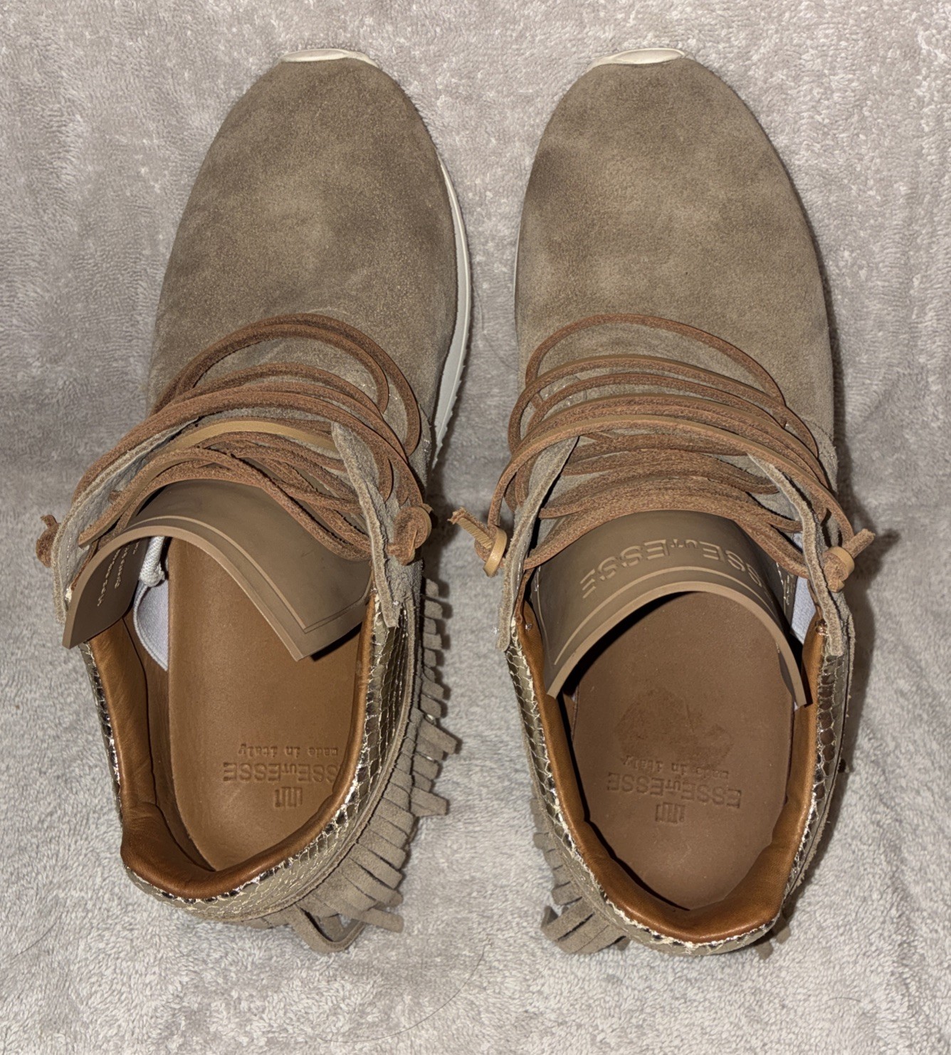Esseutesse Tan Suede Gold Snake Print Leather Fringe Slip On Sneakers US Sz 7
