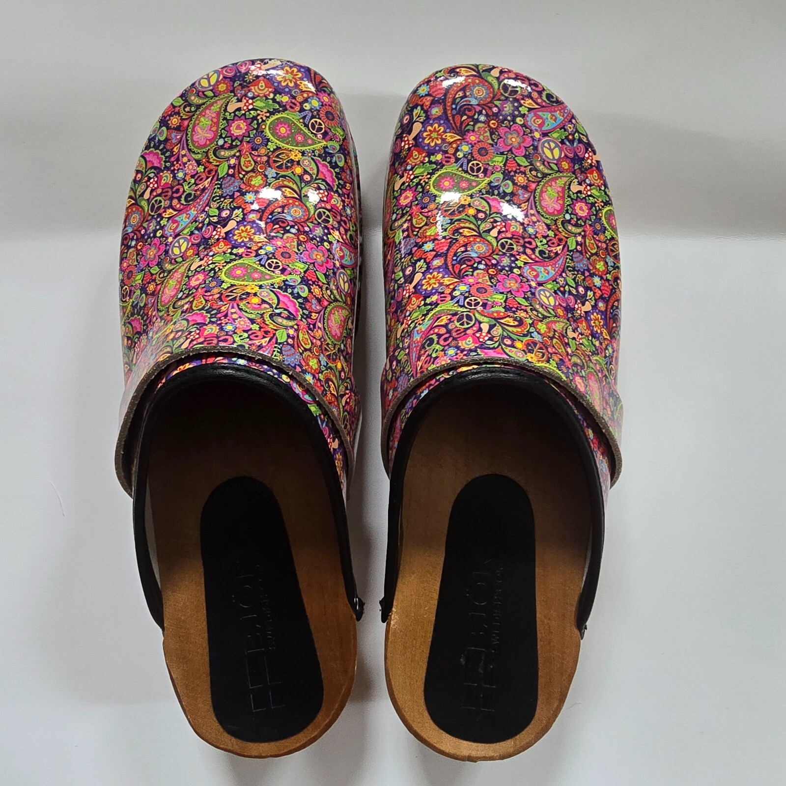BJORK Peace Wood Open Back Leather Clogs EU 41 US 10 Peace Paisley Graphic Print