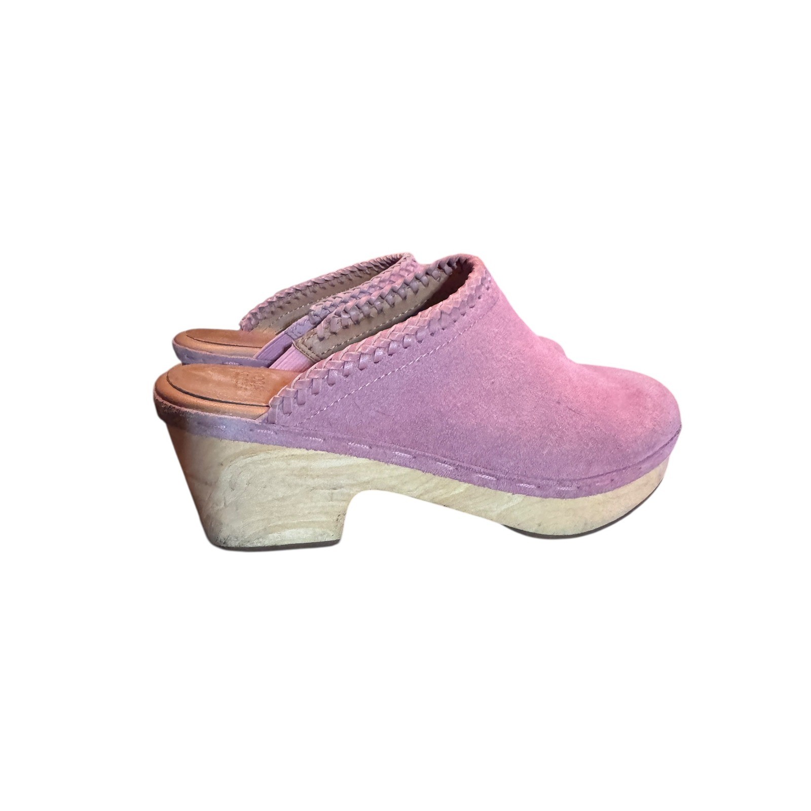 Frye and Co Suede Clogs 7.5 Mauve Whipstitch Wood Platform Mules Boho Retro