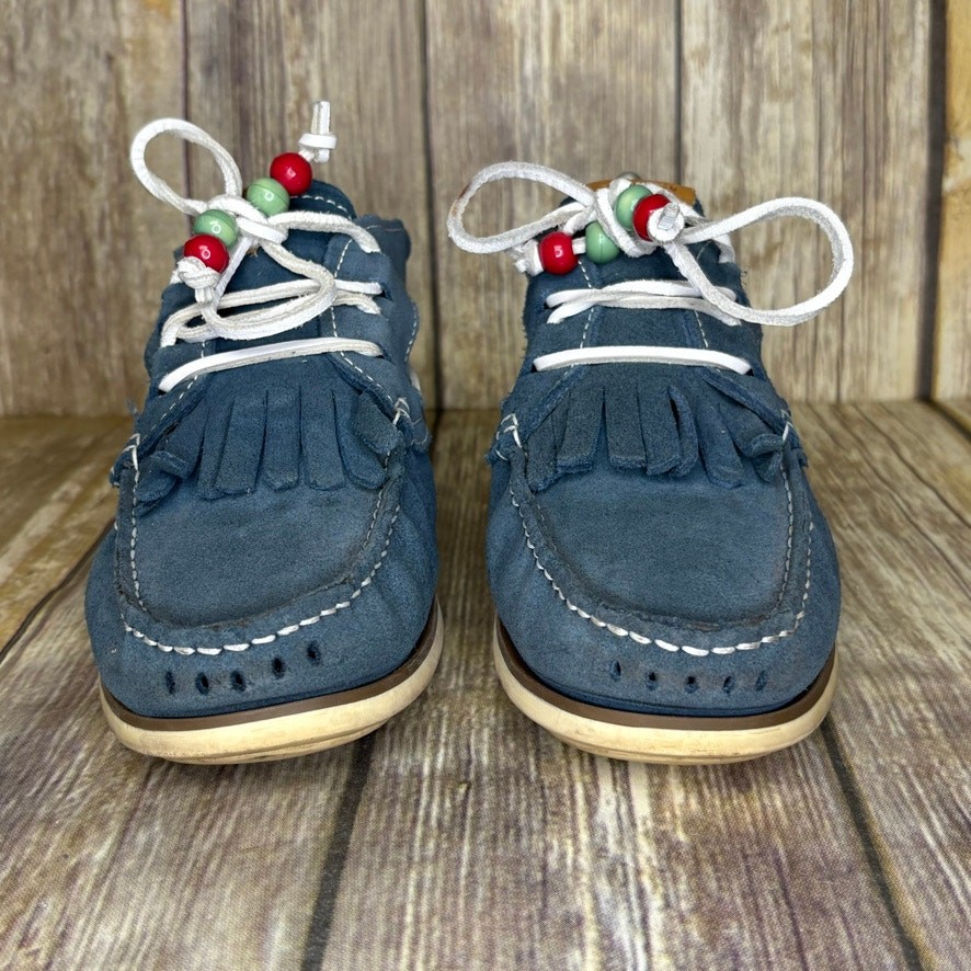Dolfie Hippie Boho Southwest Fringe Blue Suede Leather Shoes Sz 41 US 9.5-10