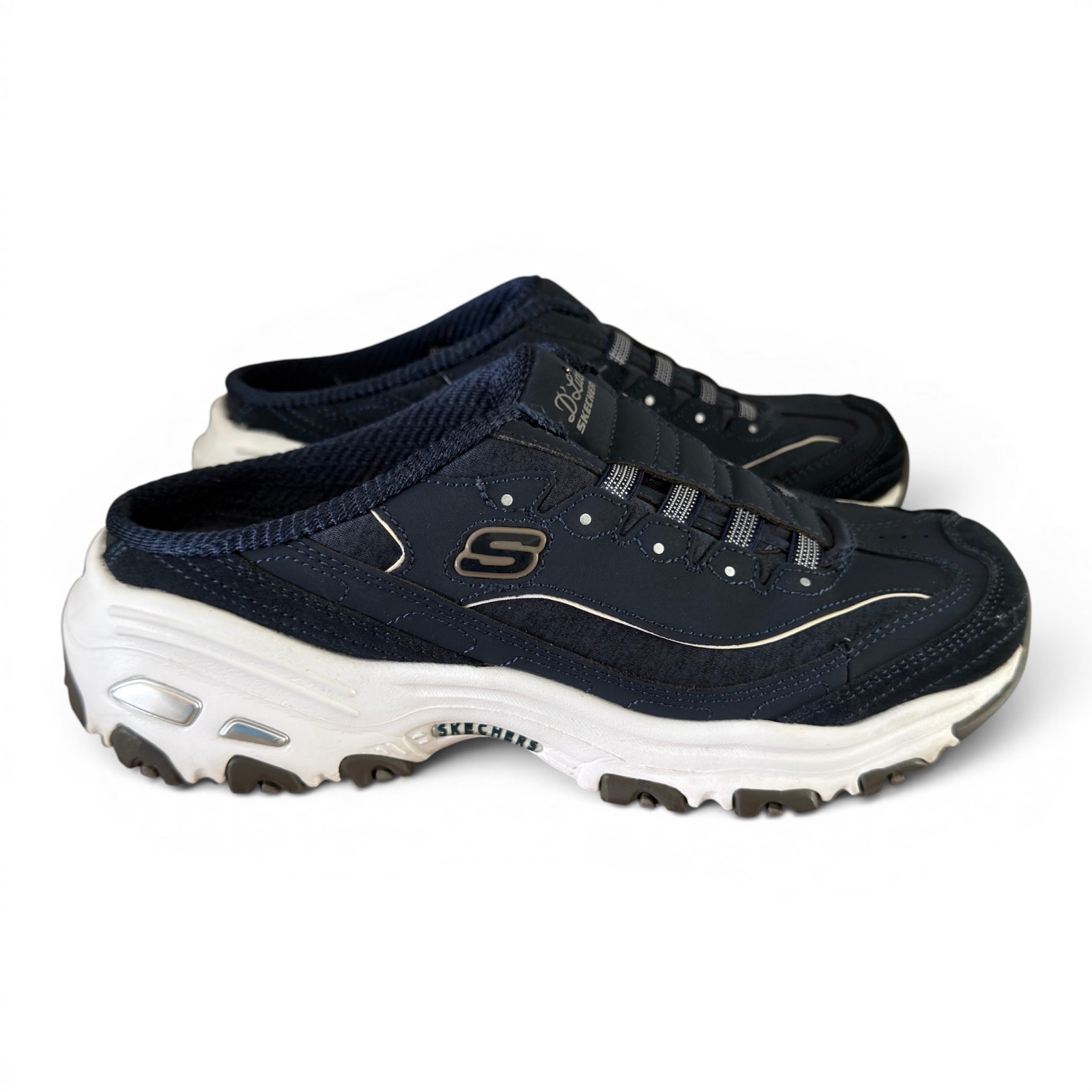 Skechers D’Lites 11940 Navy White Mule Clogs Air Cooled Memory Foam Women’s 8.5