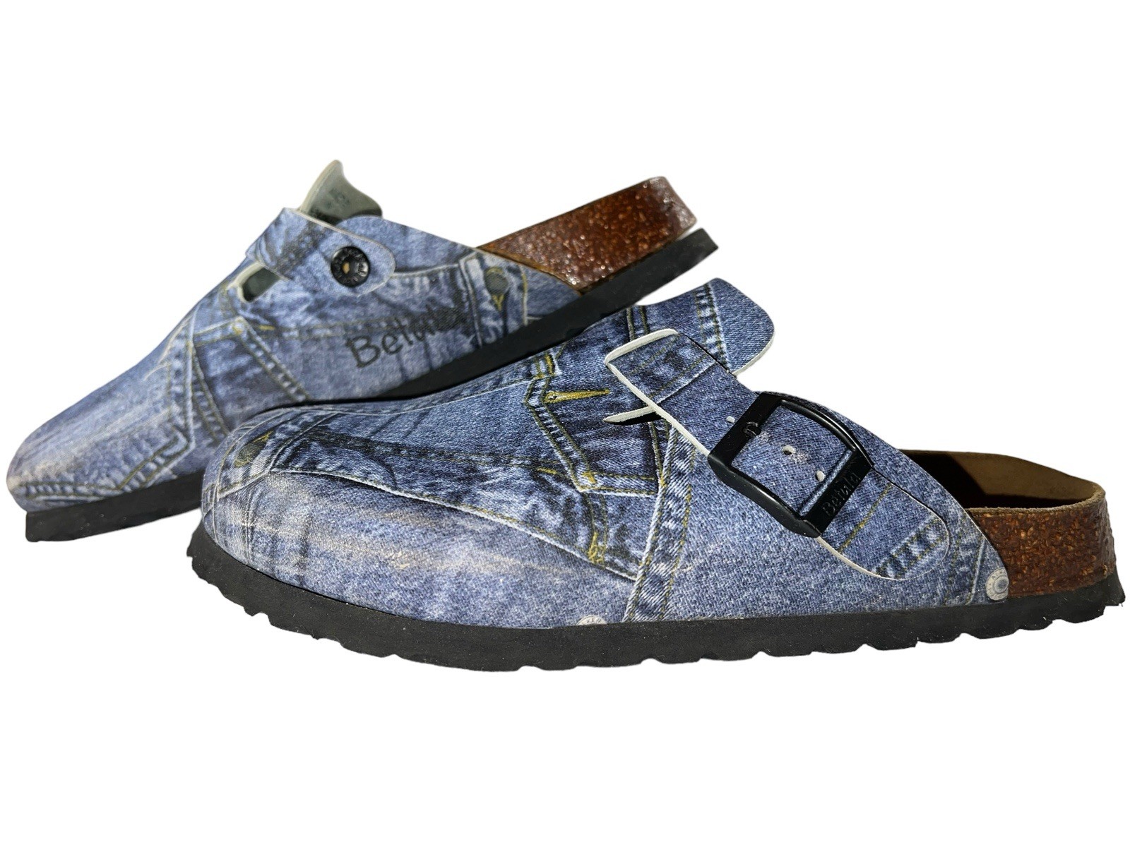 Vtg Rare Betula By Birkenstock Denim Print Women’s Mule Clogs Shoes Cork Footbed