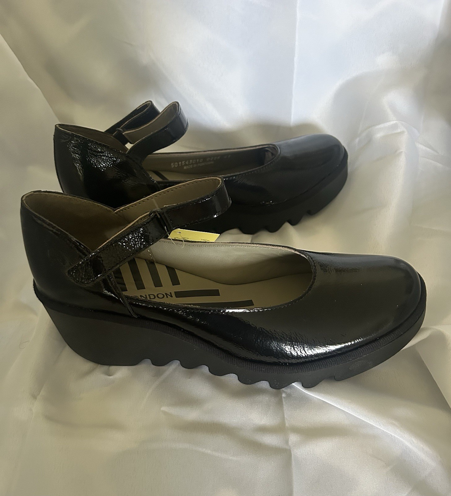 FLY London Black Patent Leather Mary Jane Wedge Hook & Loop Strap US 10