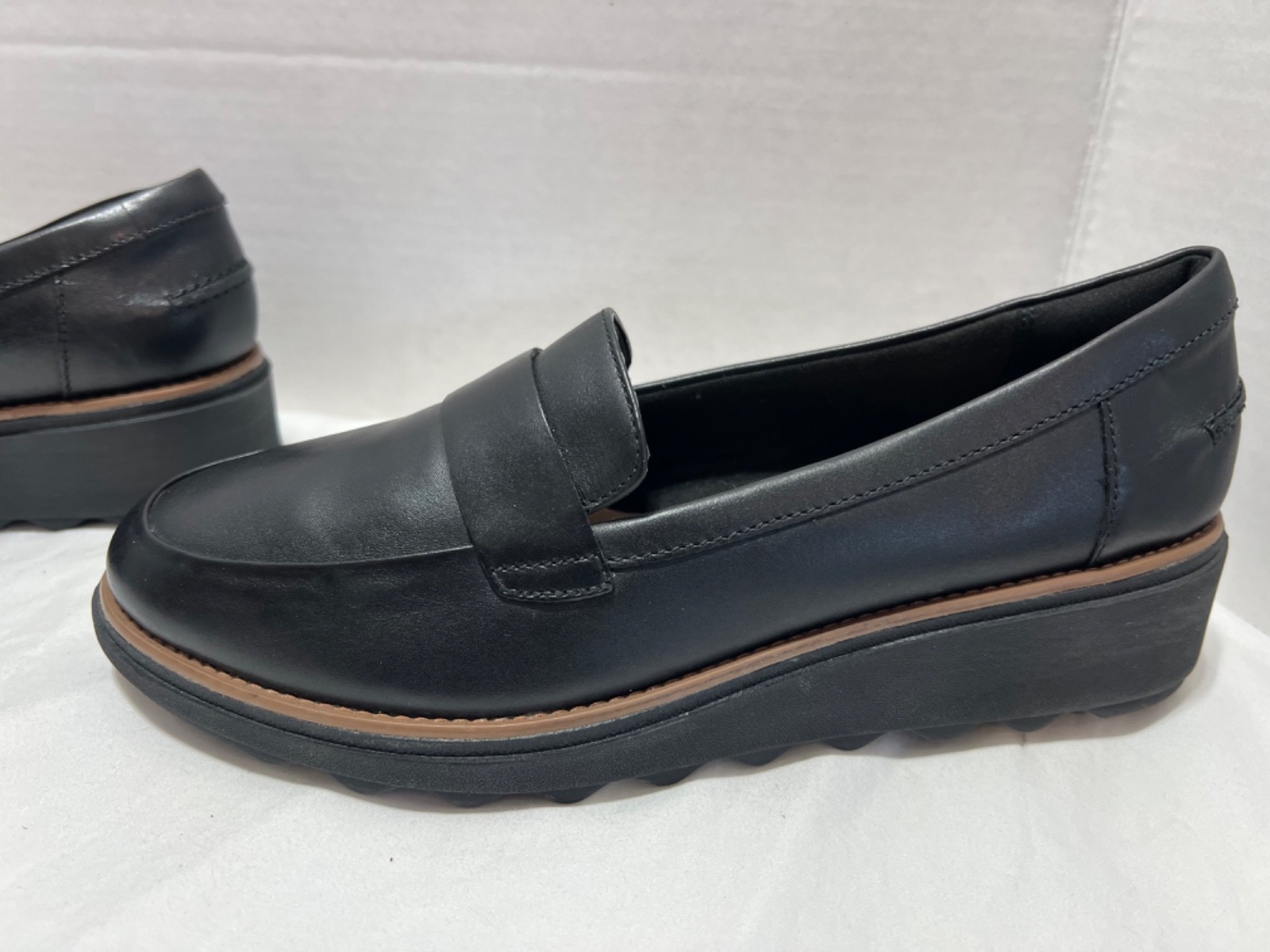 Women’s, Clarks Sharon Gracie Loafers ,9 .5 W, Black, Leather Wedge Shoes
