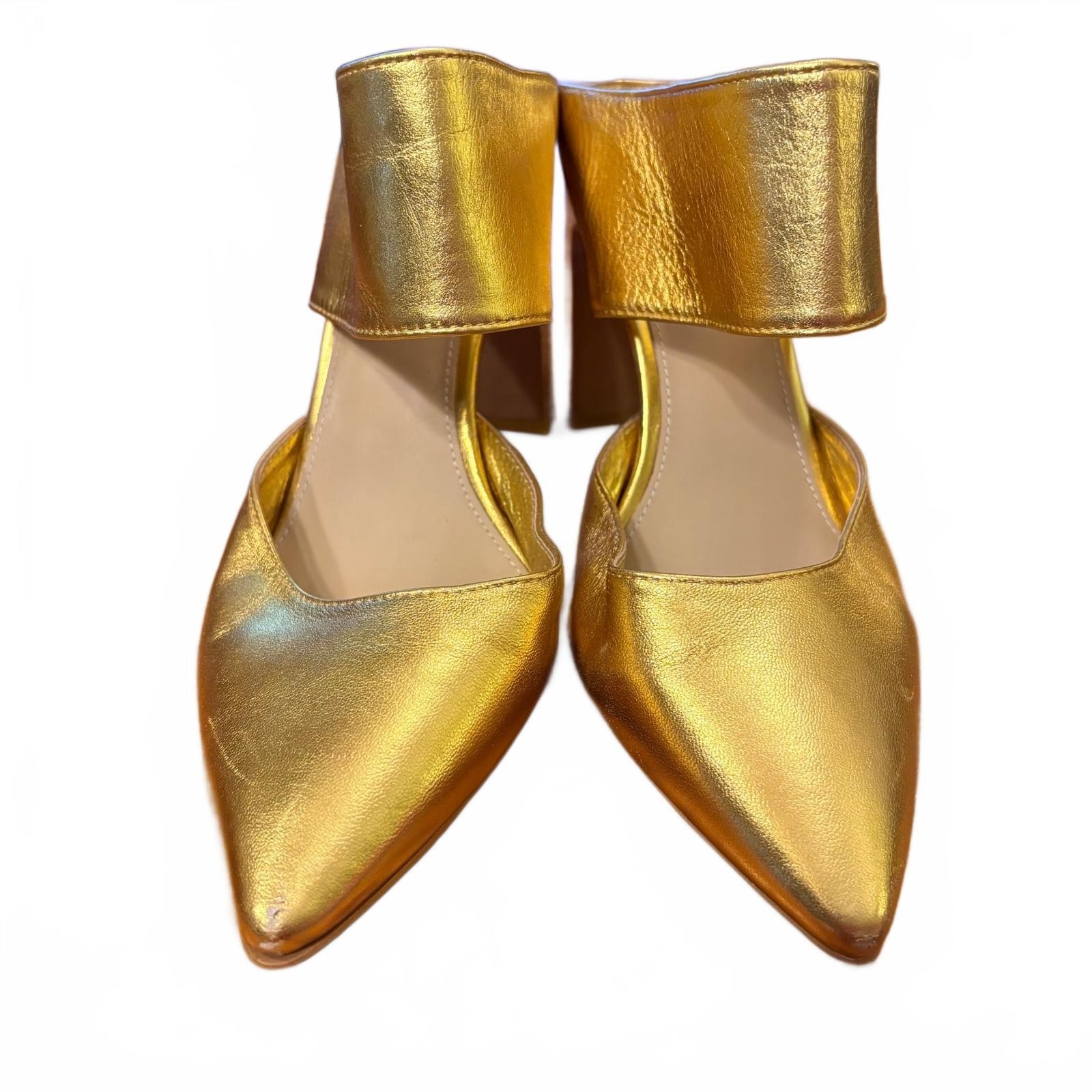 Wittner Heston Gold Leather Pointed Toe Block Heel Mules Size 39 Glam Formal