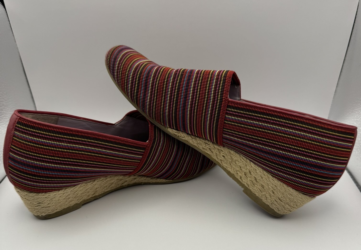 SAS Shoes Becky Jute-Wrapped Wedge Slip-On Red Stripe multi-color 7M Italy