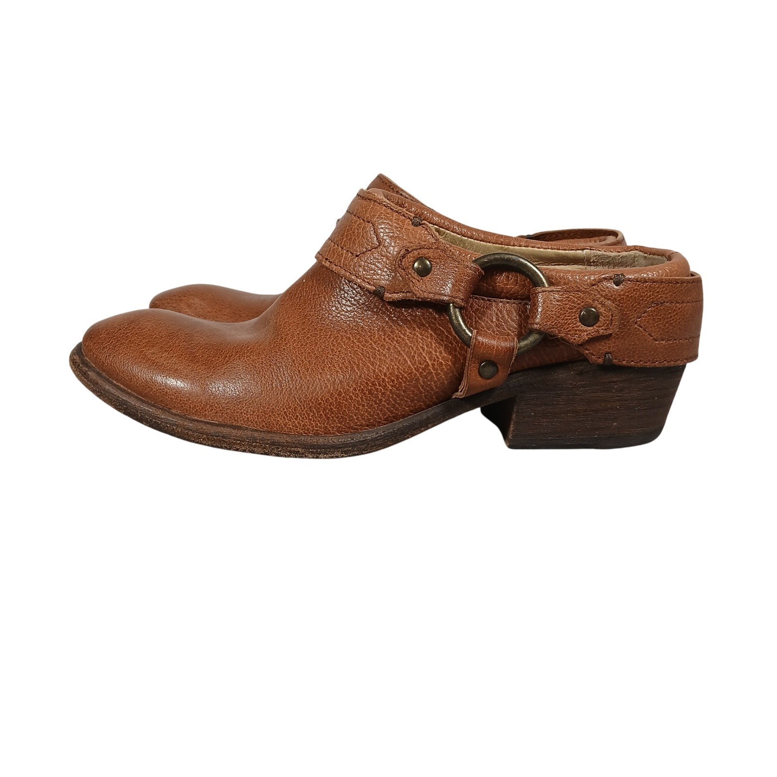 Frye Western Core Harness Ring Pebbled Leather Block Heel Mules Brown Scuffed