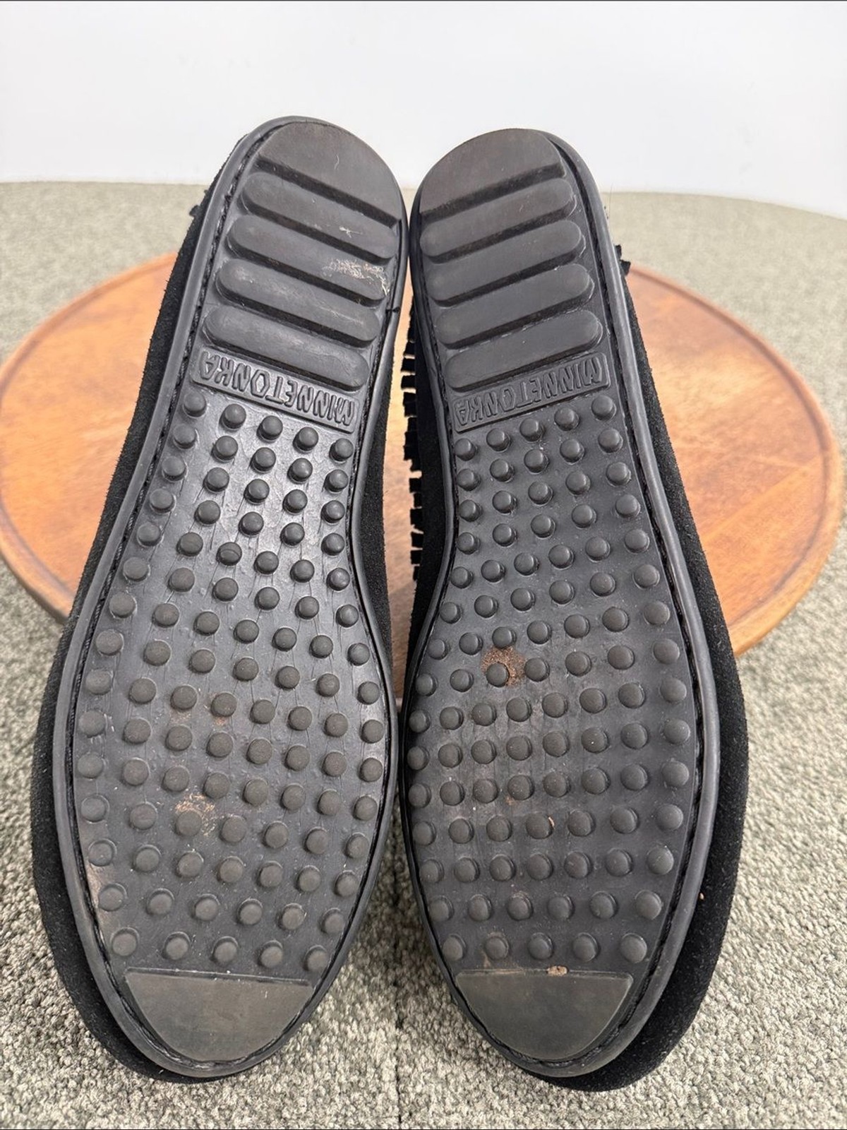 Minnetonka Shoes Wm 9 Black Leather Moccasin Fringe Studded Bootie Boho Hippie