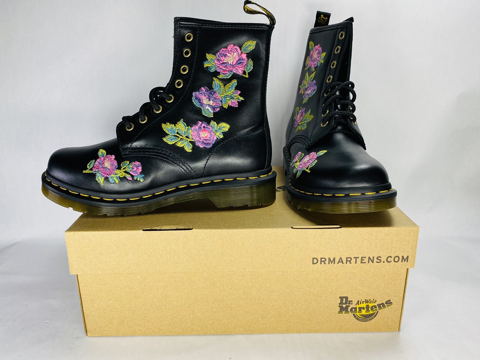 New! Women Size 7 – Dr. Martens 1460 Vonda II Floral Boots Black Pink Purple