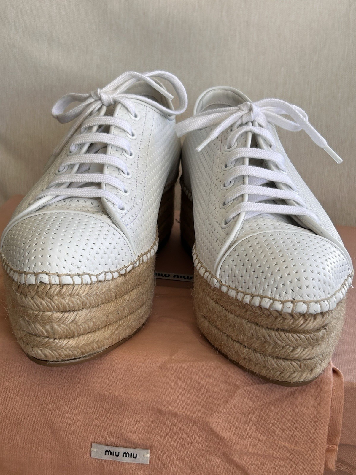 NWB MIU MIU By PRADA LEATHER PLATFORM SNEAKERS/39.5IT-8/8.5US/WHITE/ITALY