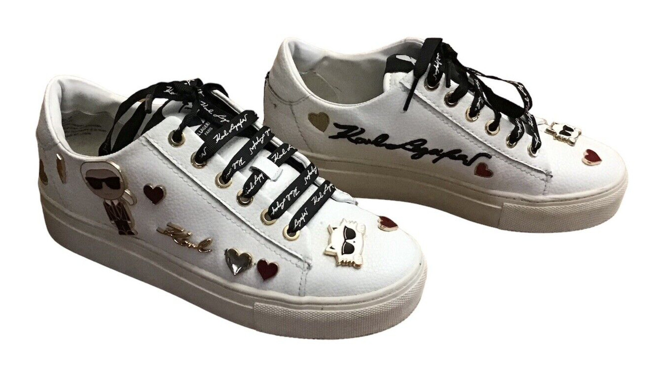 Karl Lagerfield Paris Cate Shoes Sneakers Iconic KLP Pins Low Top Leather SZ 5.5