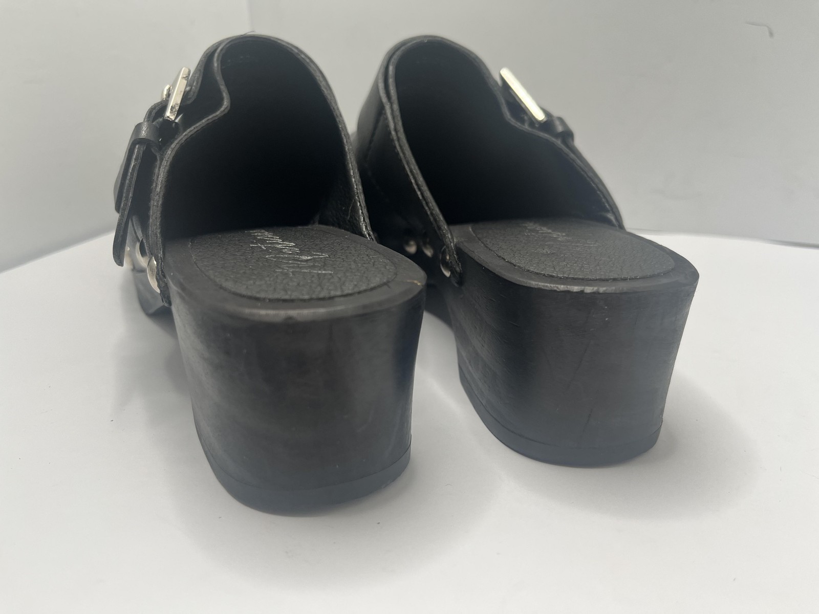Clog Shoes Womens Size 7 Black Leather Studded Platform Buckle Slip On
