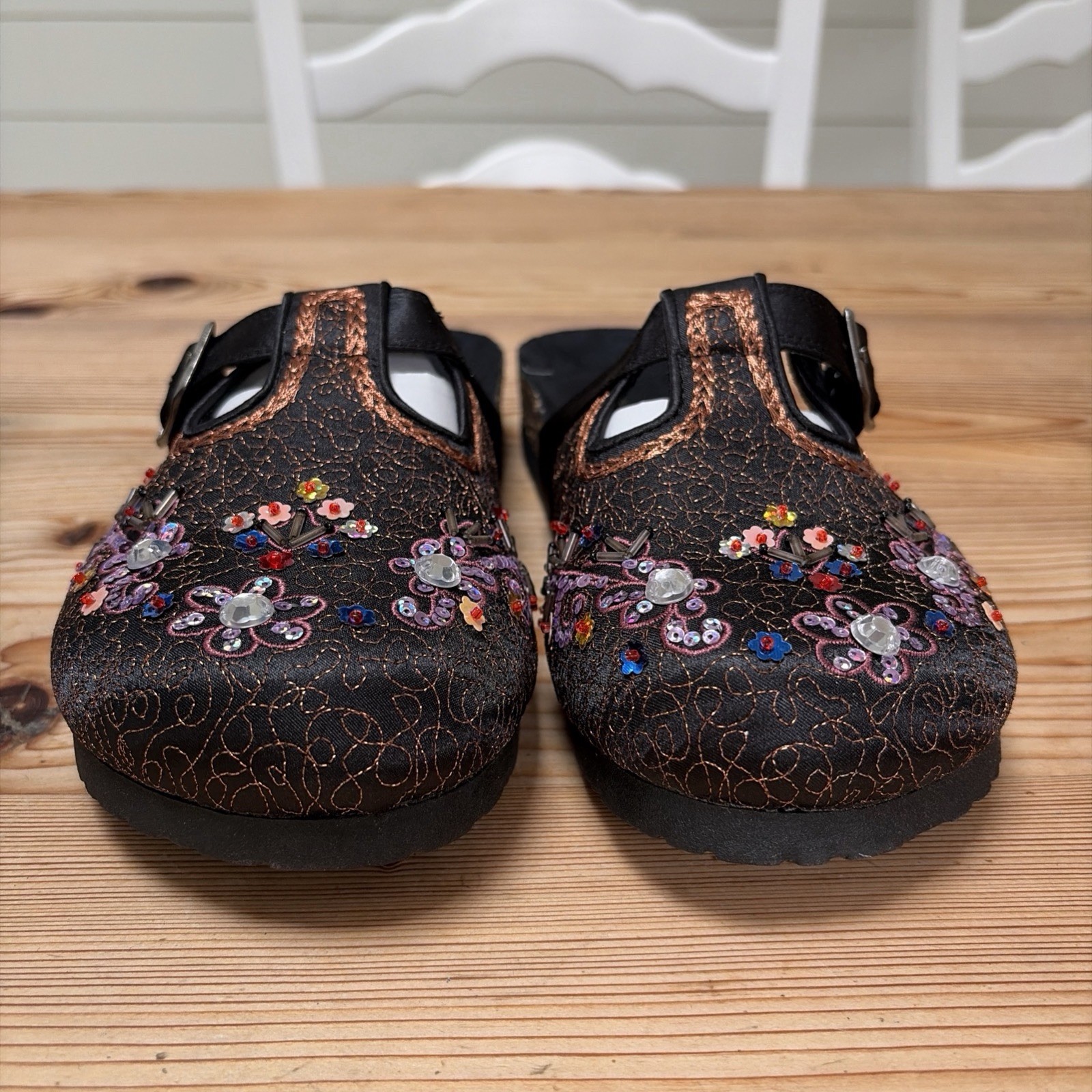 New Y2K Skechers Satin Clogs Beaded Embroidered Slide Shoe Comfort Sz 8 Black