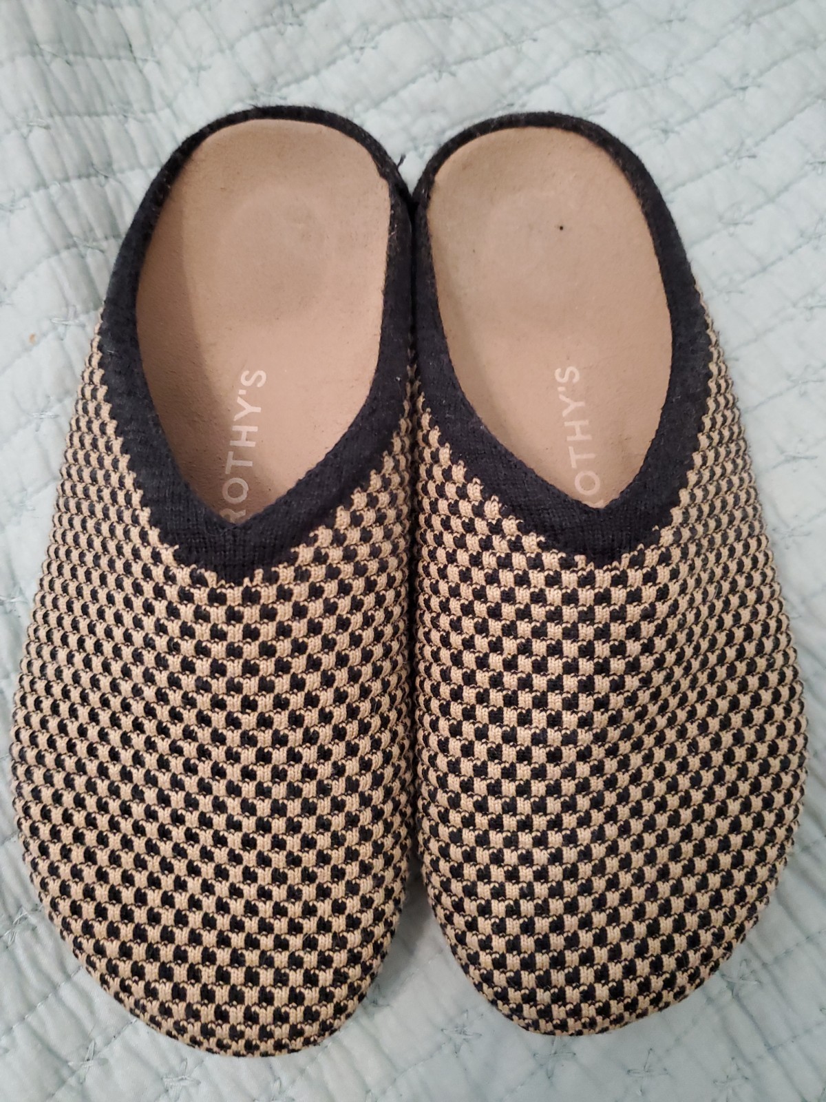 Rothy’s The Casual Clog Checkered Knit Slip on Mules Sz 6 Toffee Tan Black EUC