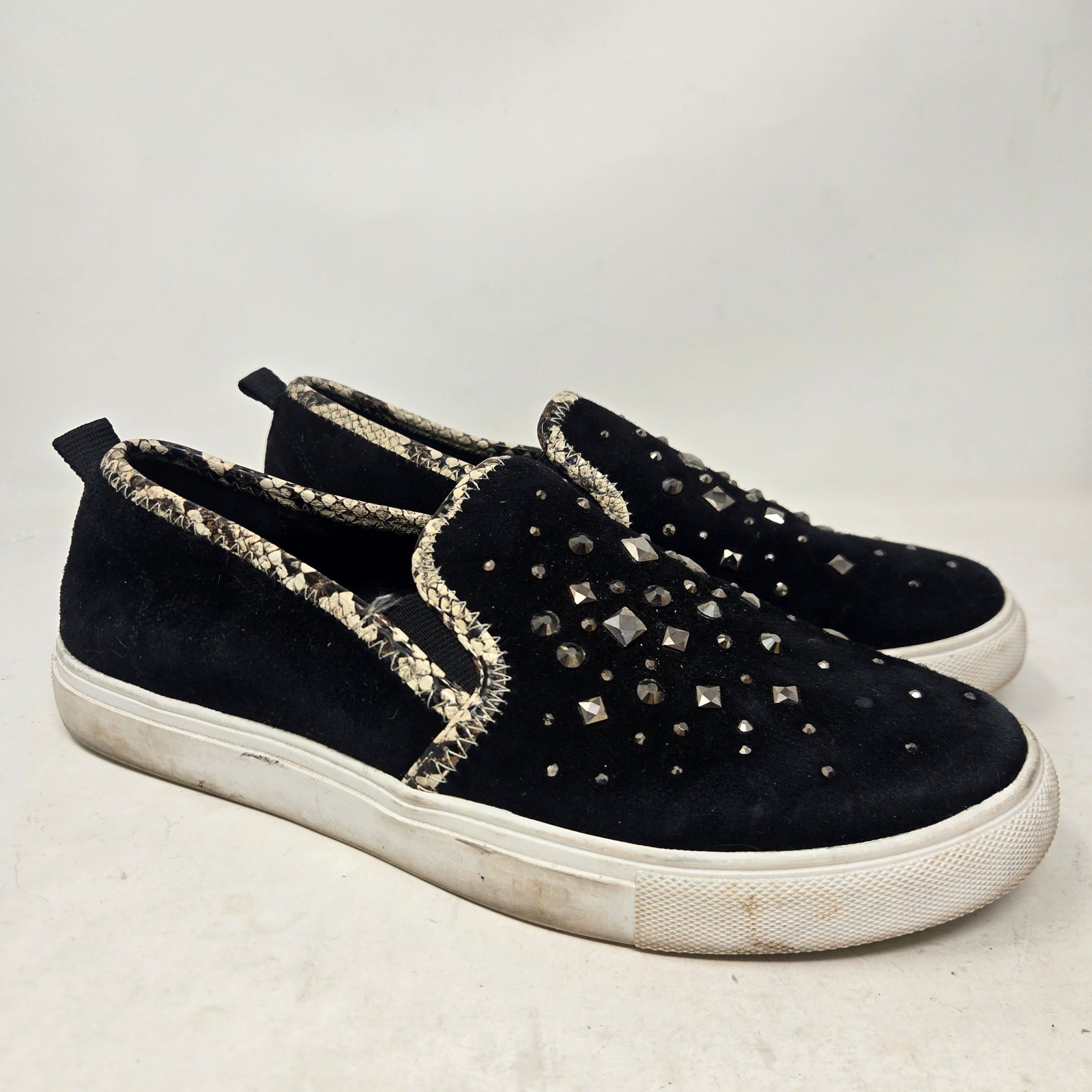 Donald Pliner Sanya-KS Black Suede Studded Snakeskin Trim Slip On Sneakers 7M