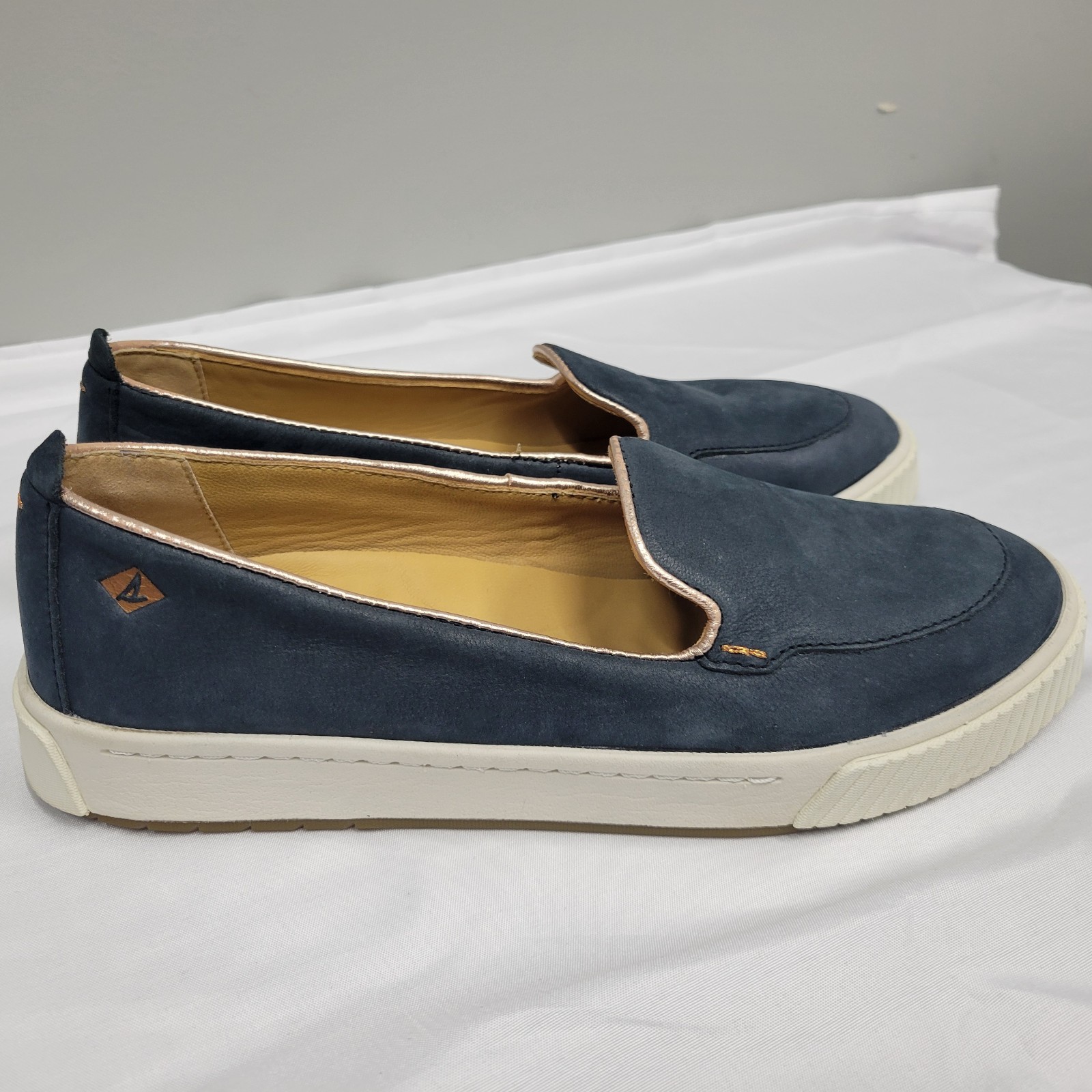 Women Sperry Gold Cup Plushwave Navy Leather Top Slider Slip Boat Shoe STS87131