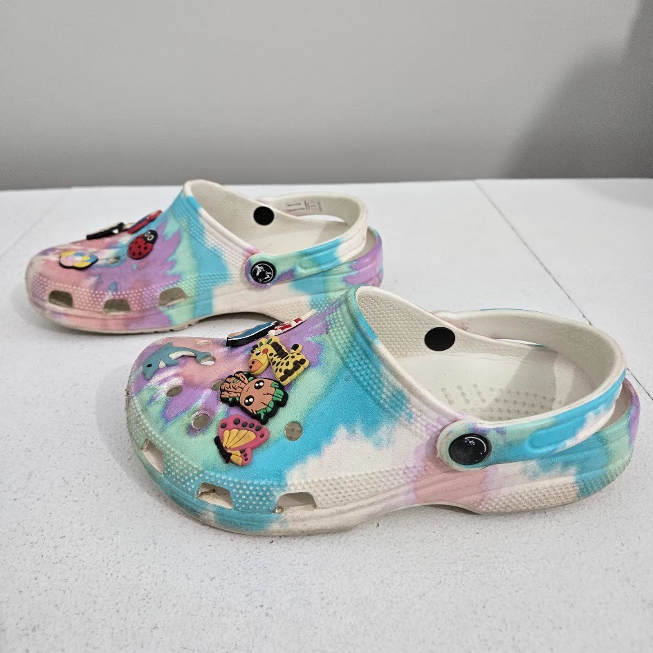 Crocs Adult Classic Pastel Tie Dye Clogs Sz M:4 W:6 Casual With Pins Groot Grogu