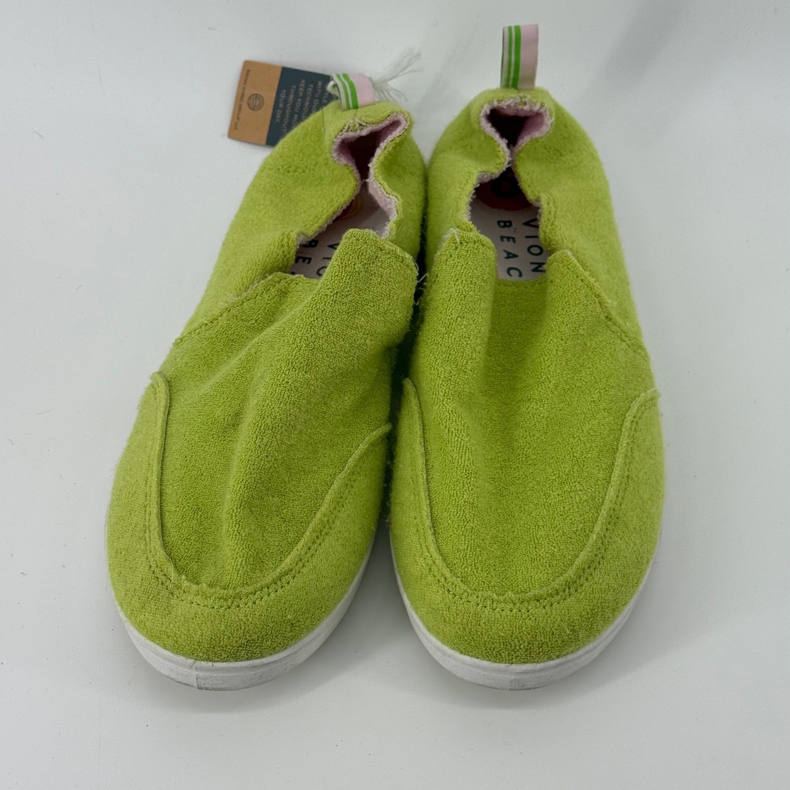 Vionic Beach Malibu Womens 6 Lime Green Terry Cloth Slip On Sneaker Vegan NEW