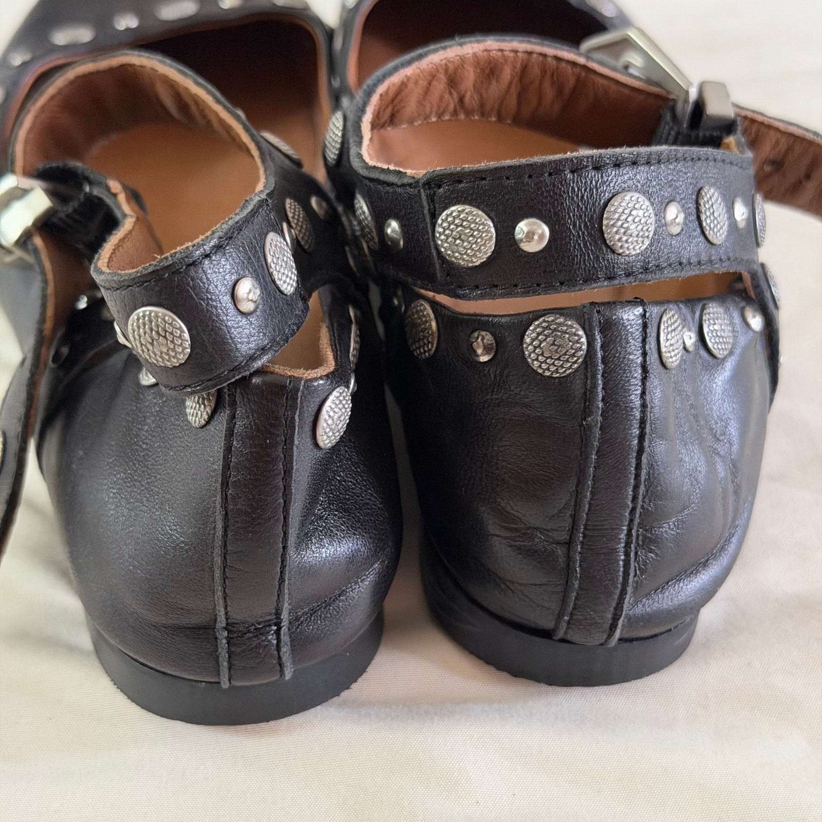 Free People Black Genuine Leather Studded Ankle Strap Flat 37 6.5 Fairy Grunge