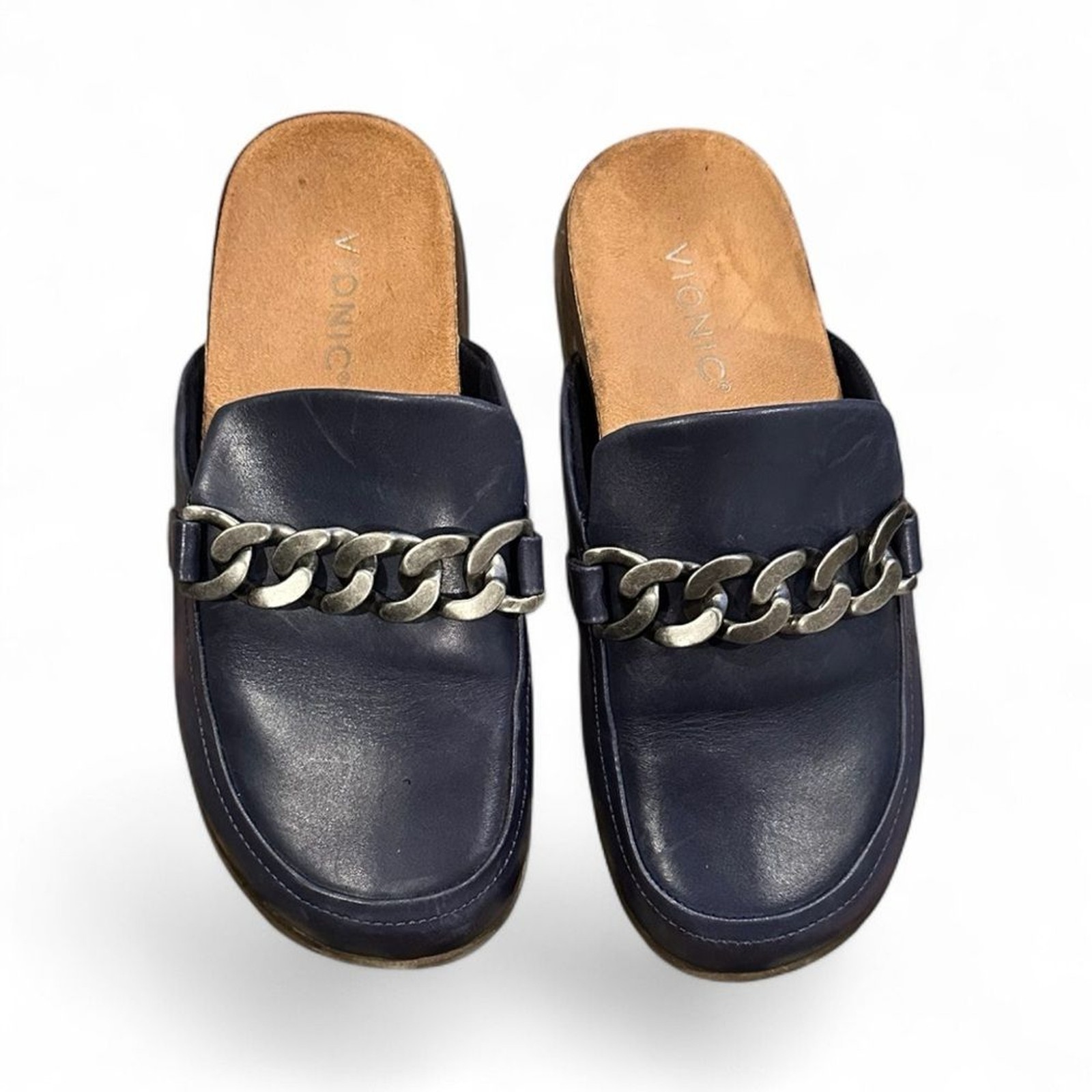 VIONIC NAVY BLUE GEORGIE LEATHER MULE CLASSIC LOAFER CLOG CHAIN SHOES 6