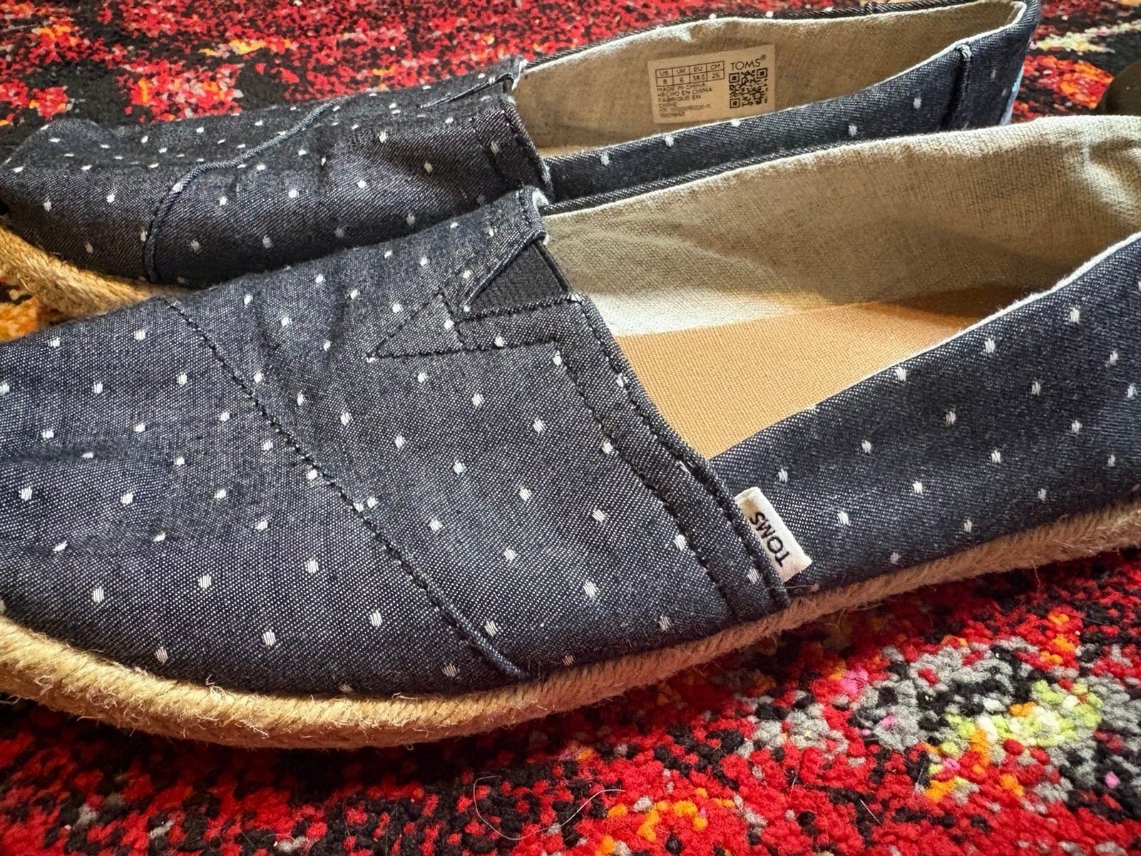 Cute Navy and White Polkadot Toms Shoes – Size 8