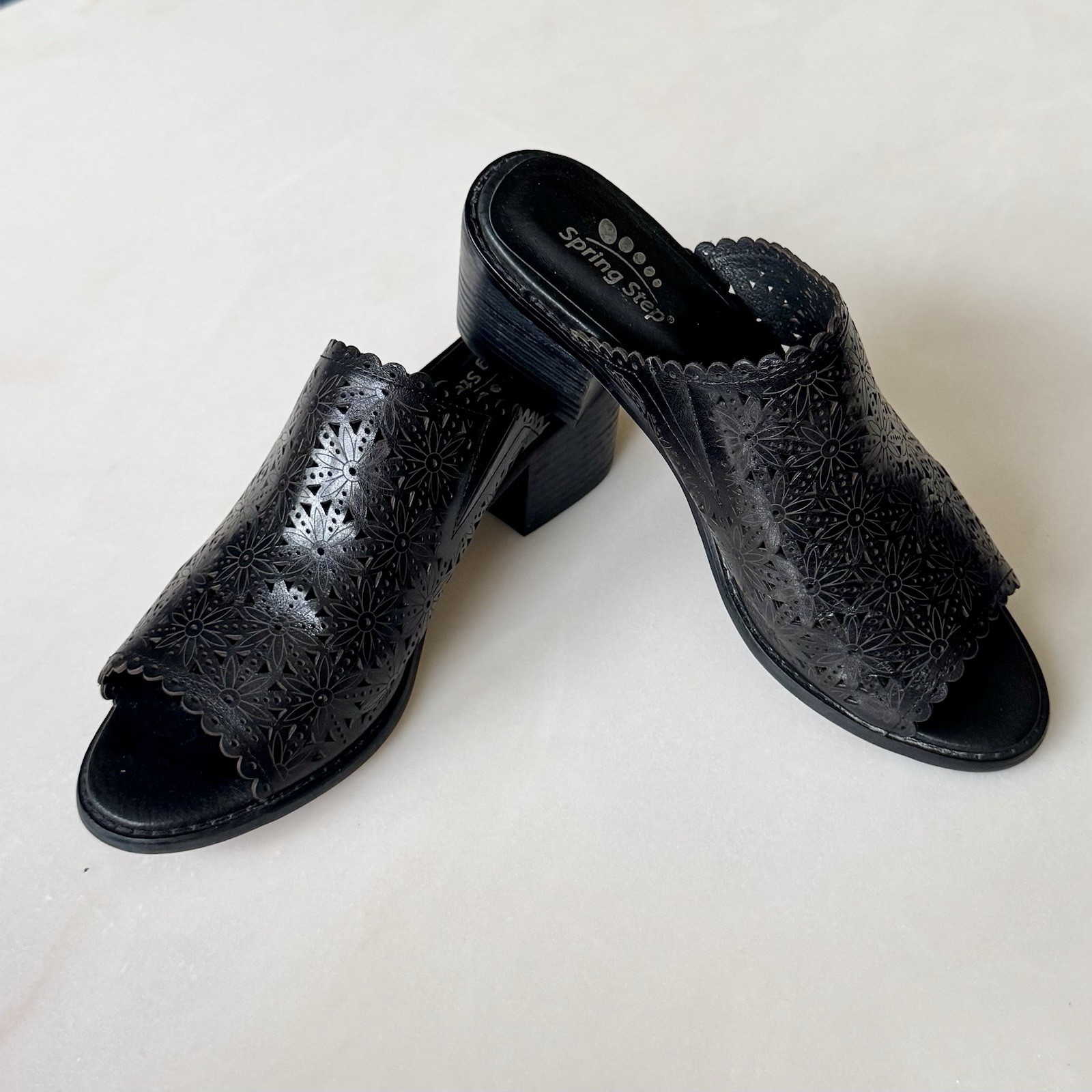 Spring Step Lea Black Leather Mule Laser Cut Open Toe Slip On EU Sz 40 | US Sz 9