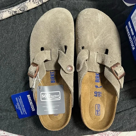 Birkenstock Boston Clog Suede Soft Footbed Slippers in Taupe Select size New