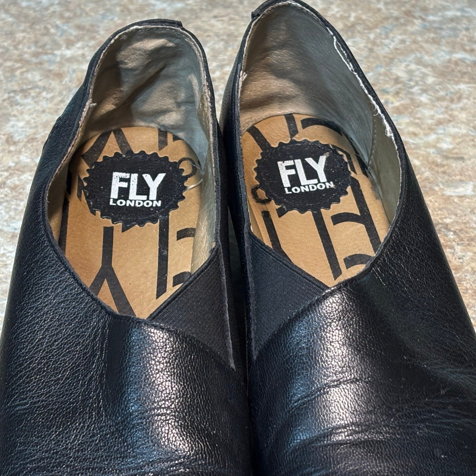 Fly London Black Peso Wedge Classic Comfort Leather Slip on Shoes Size 40