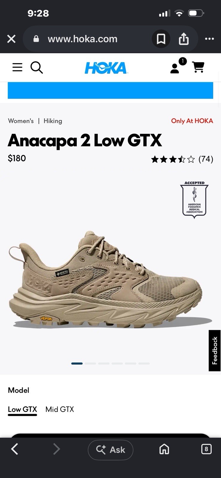 HOKA Anacapa 2 Low GTX Women’s Waterproof Leather Hiking Shoes Beige 9.5