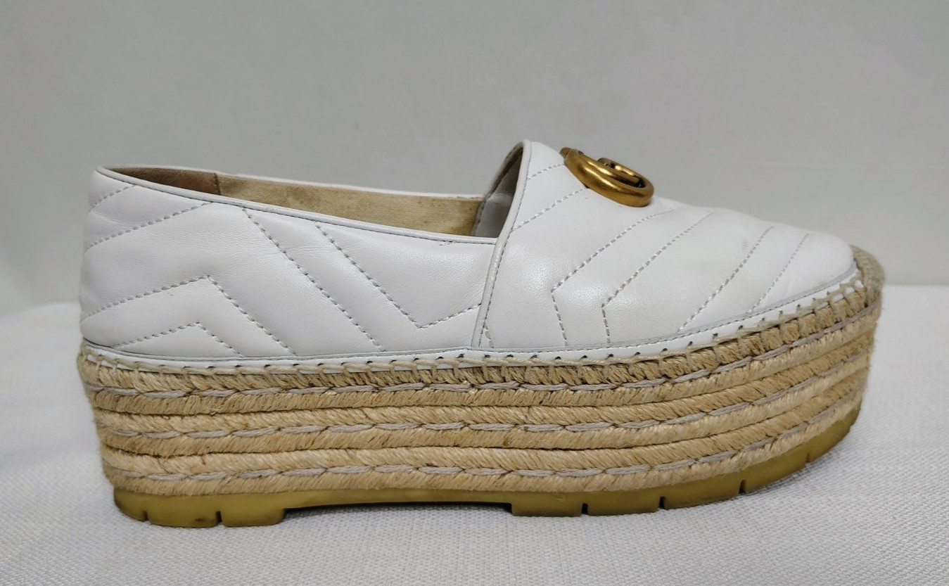GUCCI SHOES PILAR WHITE CHEVRON LEATHER GG PLATFORM ESPADRILLE $790 39.5 US 9.5