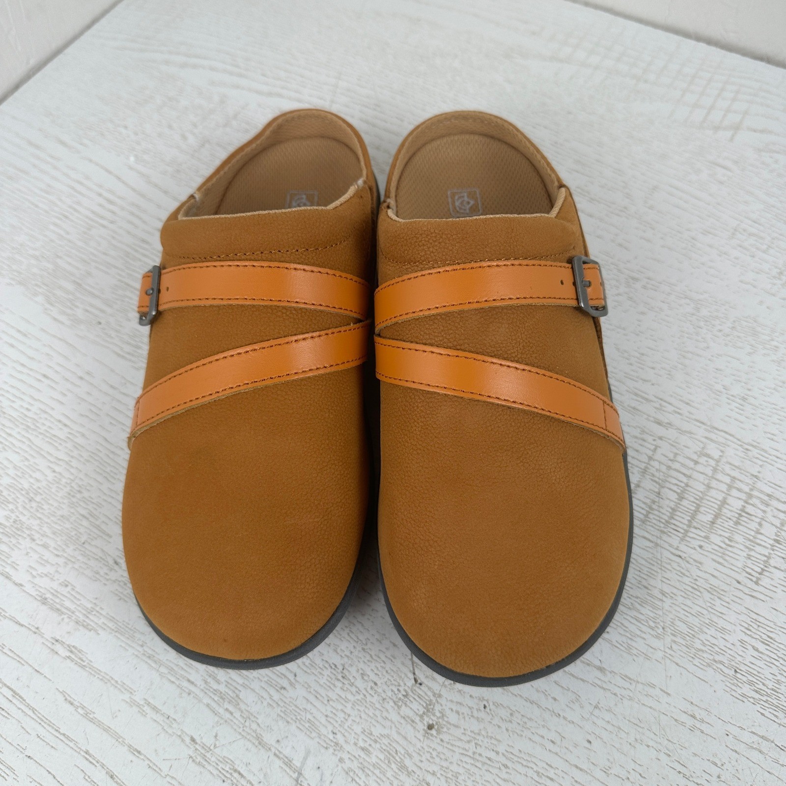 Spenco Sydney Slide Women’s 7 Wide Orange Cognac Leather Orthotic Mules Clogs