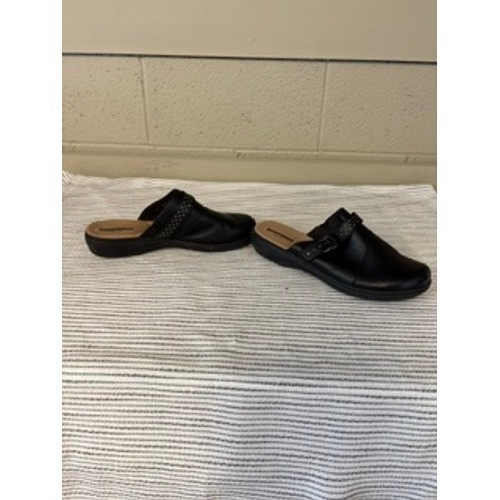 Clarks Collection Womens Black Leather Studded Shoes Mules Clogs Cushion Soft 8